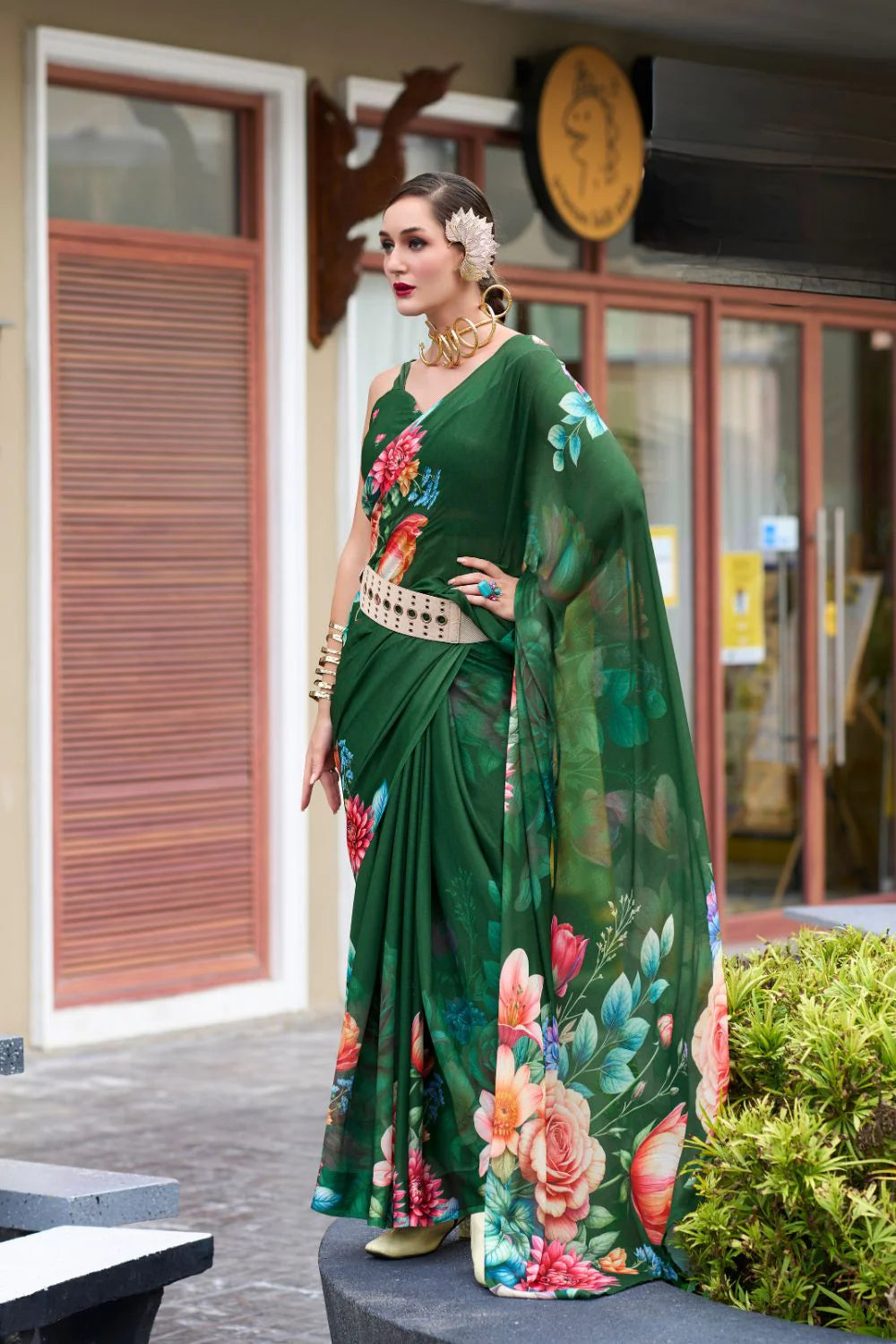 Timeless Green Floral Pure Georgette Saree