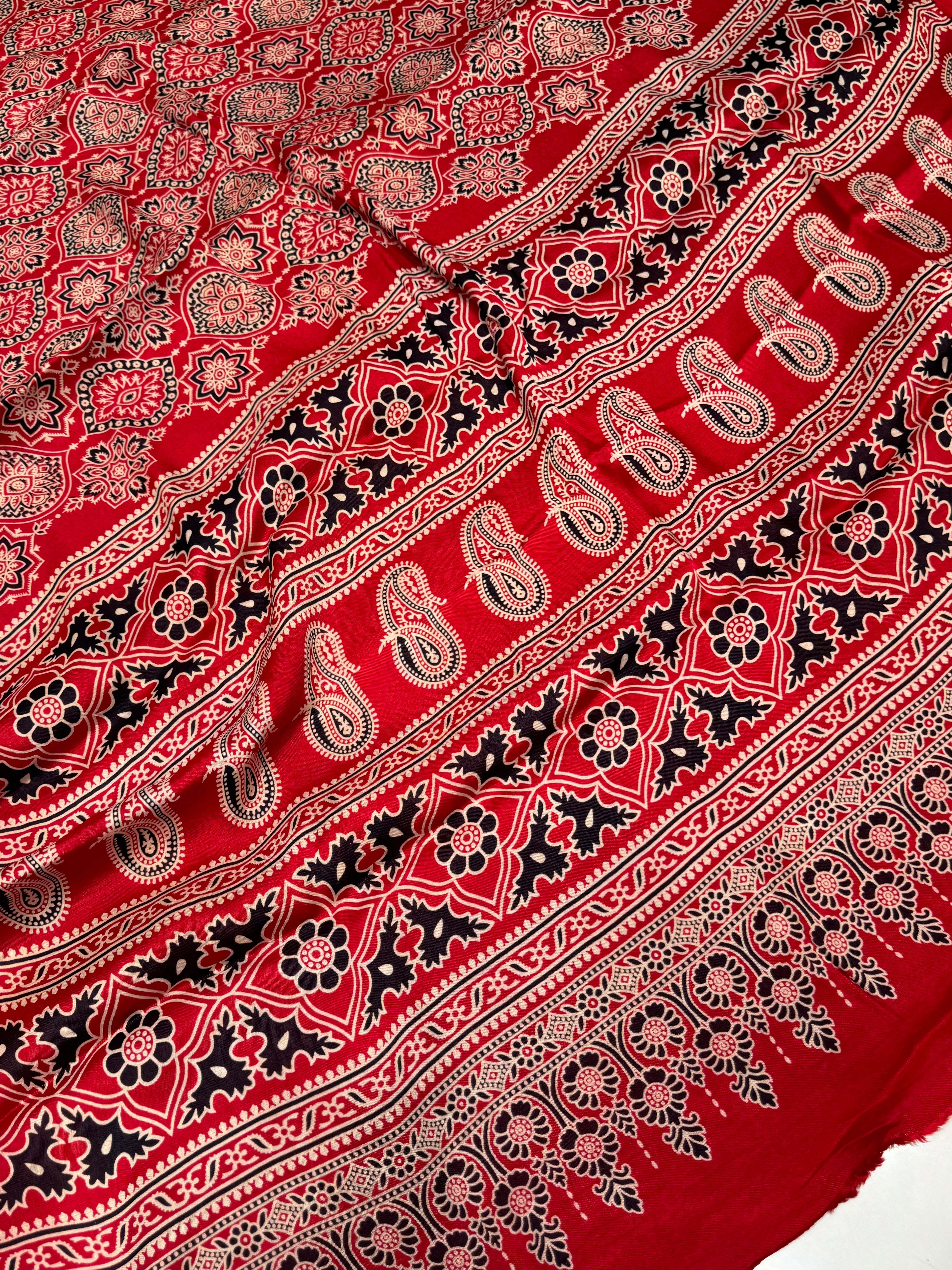 Red Ajrakh Hand Block Modal Silk Saree With Fancy Ajrakh Pallu