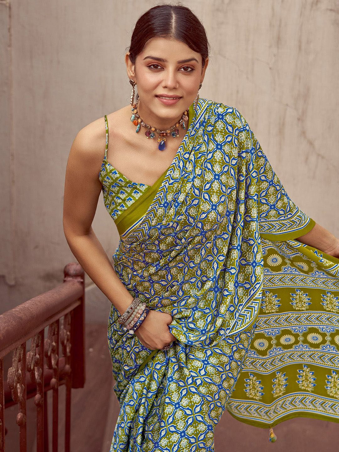 Green New Ajrakh Printed Satin Crepe Saree