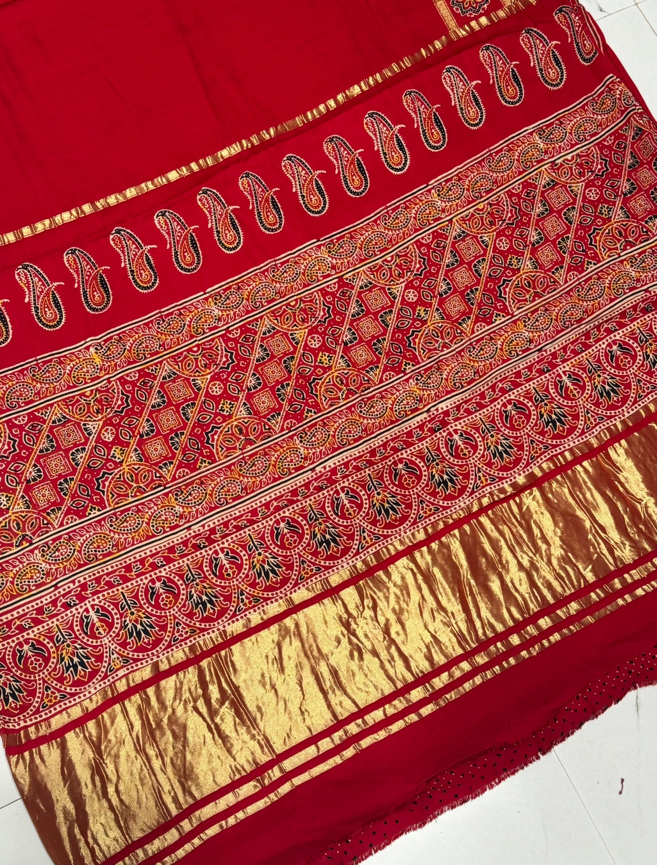 Red Ajrakh Gharchola Border Hand Block Pure Modal Silk Saree With Fancy Ajrakh And Zari Pallu