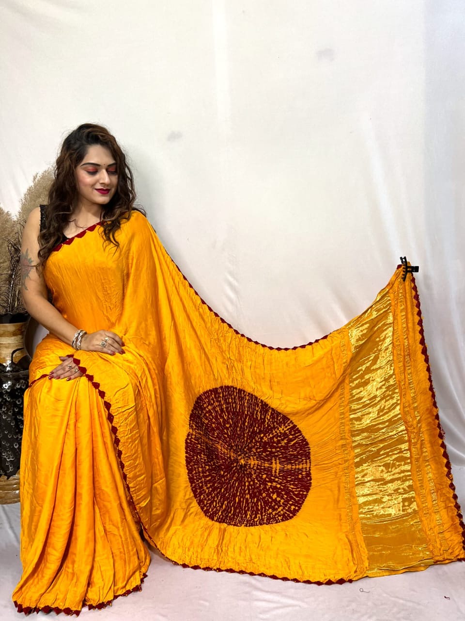 Pretty Yellow Shibori Bandhni Border Pure Modal Silk Plian  Saree