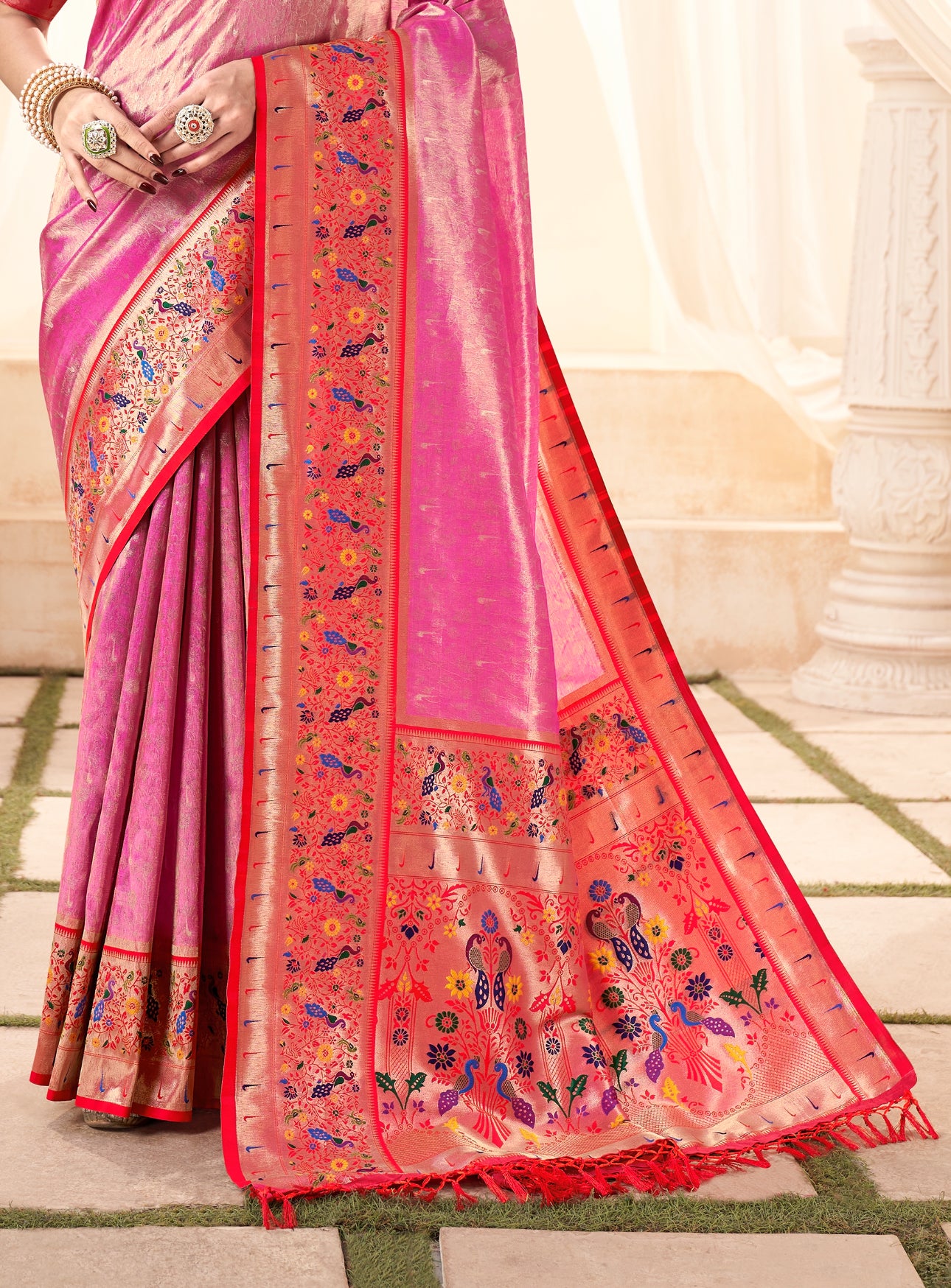 Rose Pink Weaving Paithani Tissue Silk Saree RP6