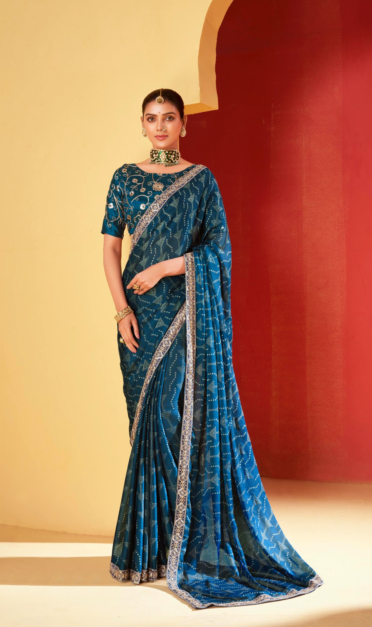 Dark Blue Gray Moss Chiffon Foil Mill Print And Embroidery Work Border Saree With Fancy Work Blouse Sbs4