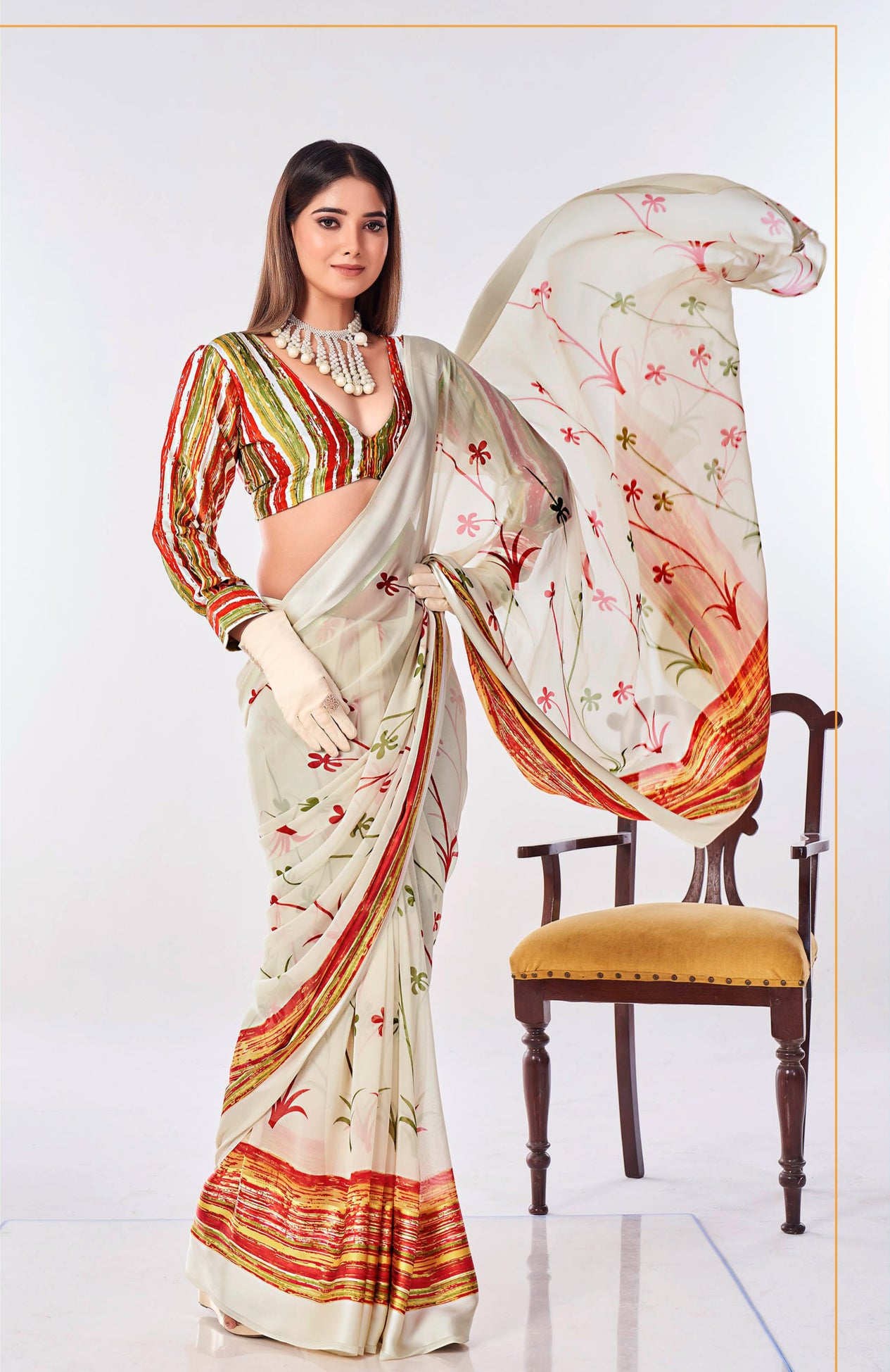 Soft Cream Fancy Flower Printed Saree