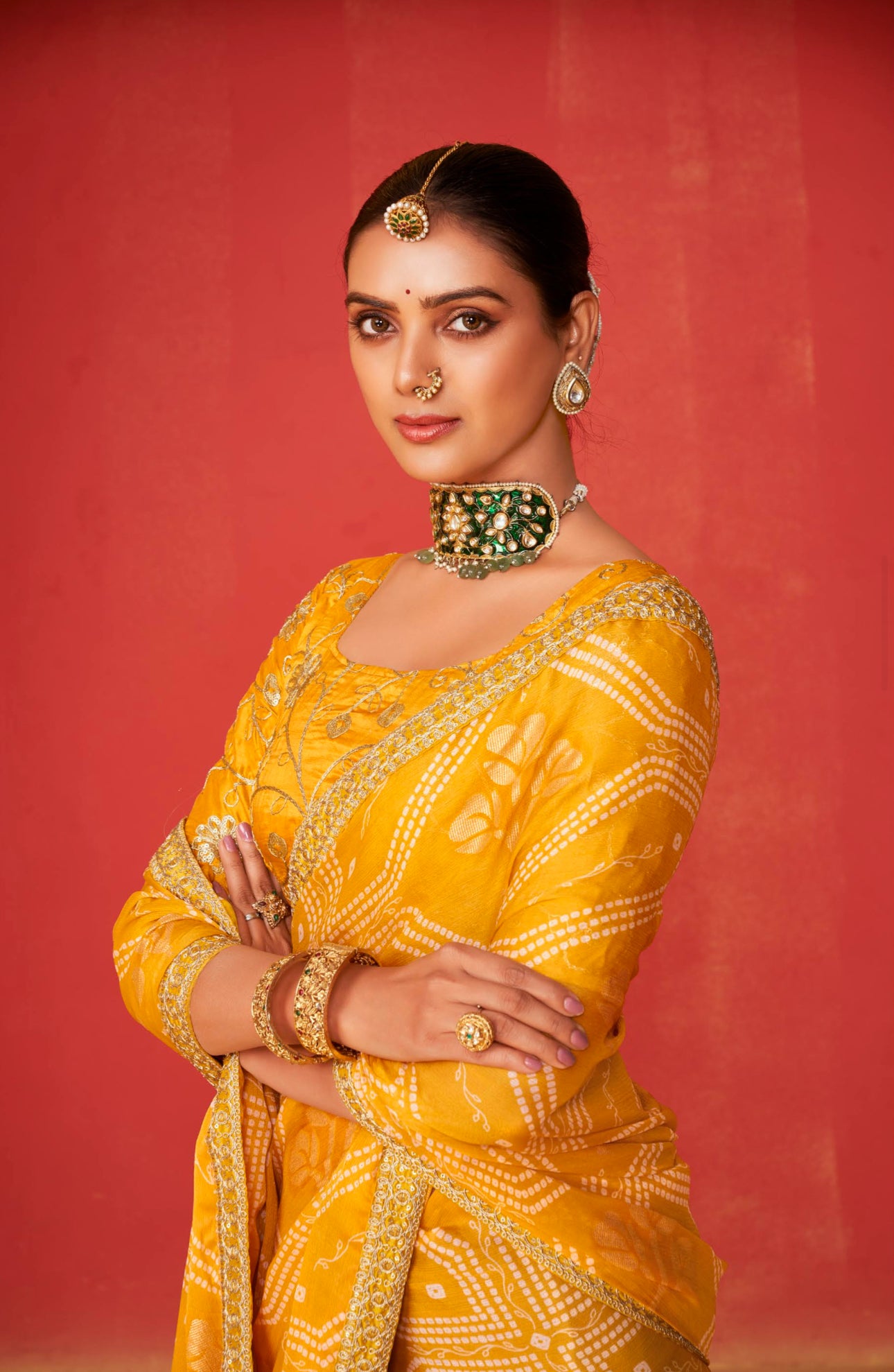 Yellow Moss Chiffon Foil Mill Print And Embroidery Work Border Saree With Fancy Work Blouse Sbs4