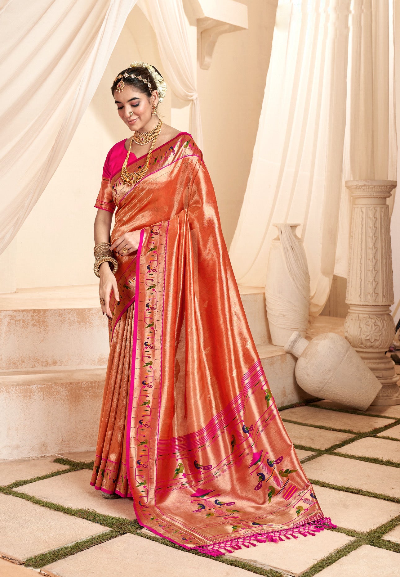 Pastel Red Weaving Paithani Tissue Silk Saree RP5