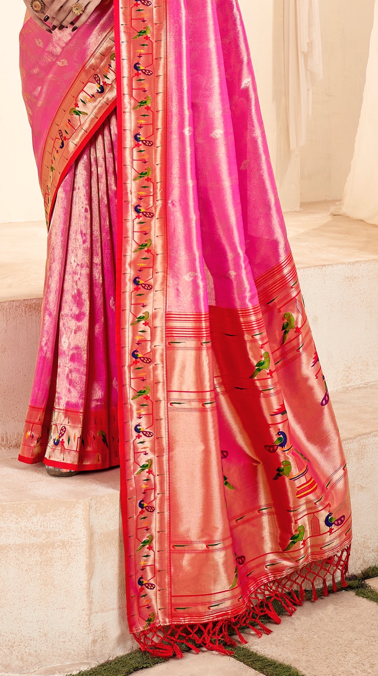 Rosy Pink Weaving Paithani Tissue Silk Saree RP5