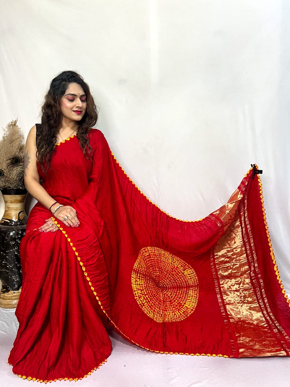 Red Shibori Bandhni Border Pure Modal Silk Plian Saree