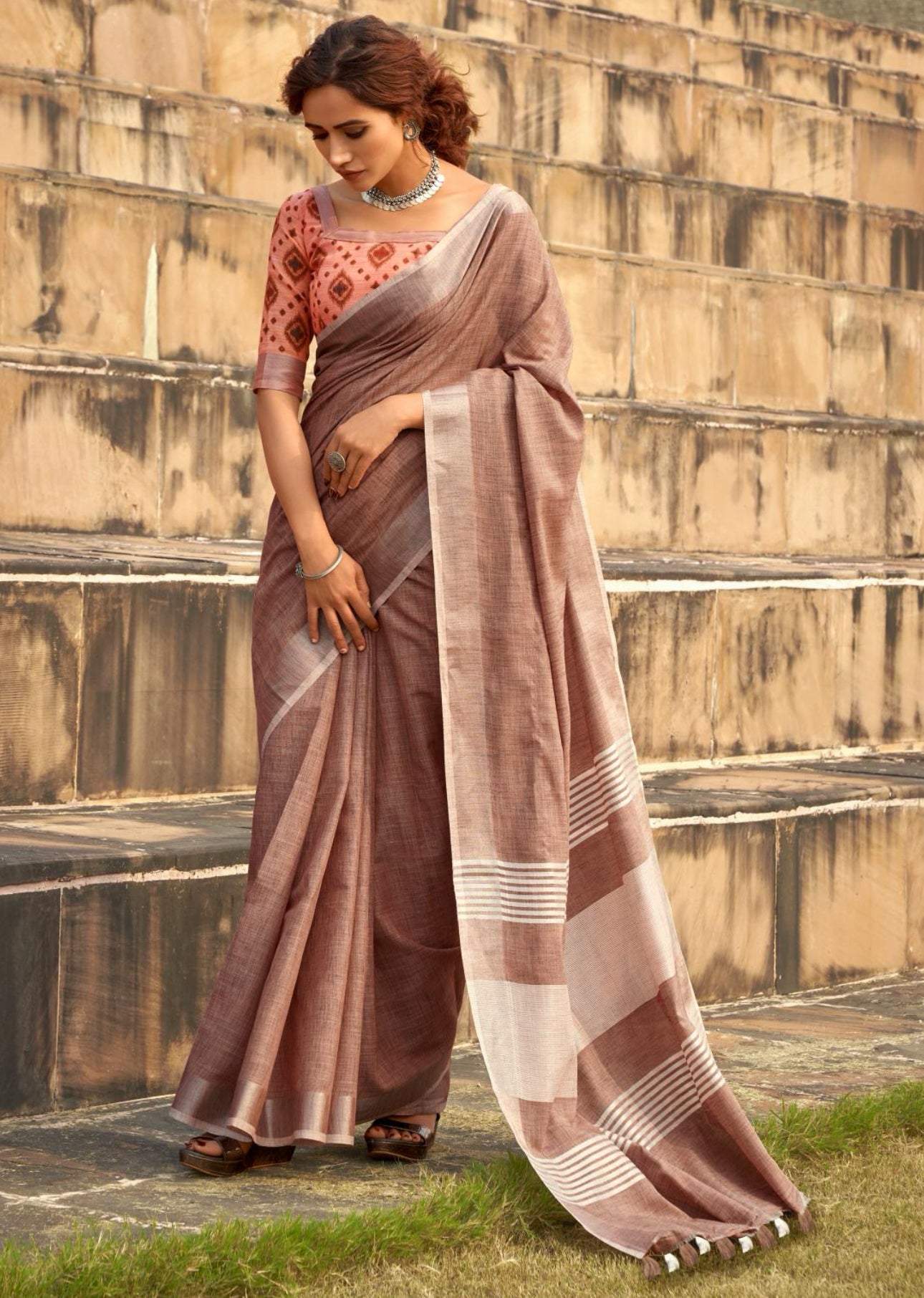 Brown Casual Linen Silk Saree RP2