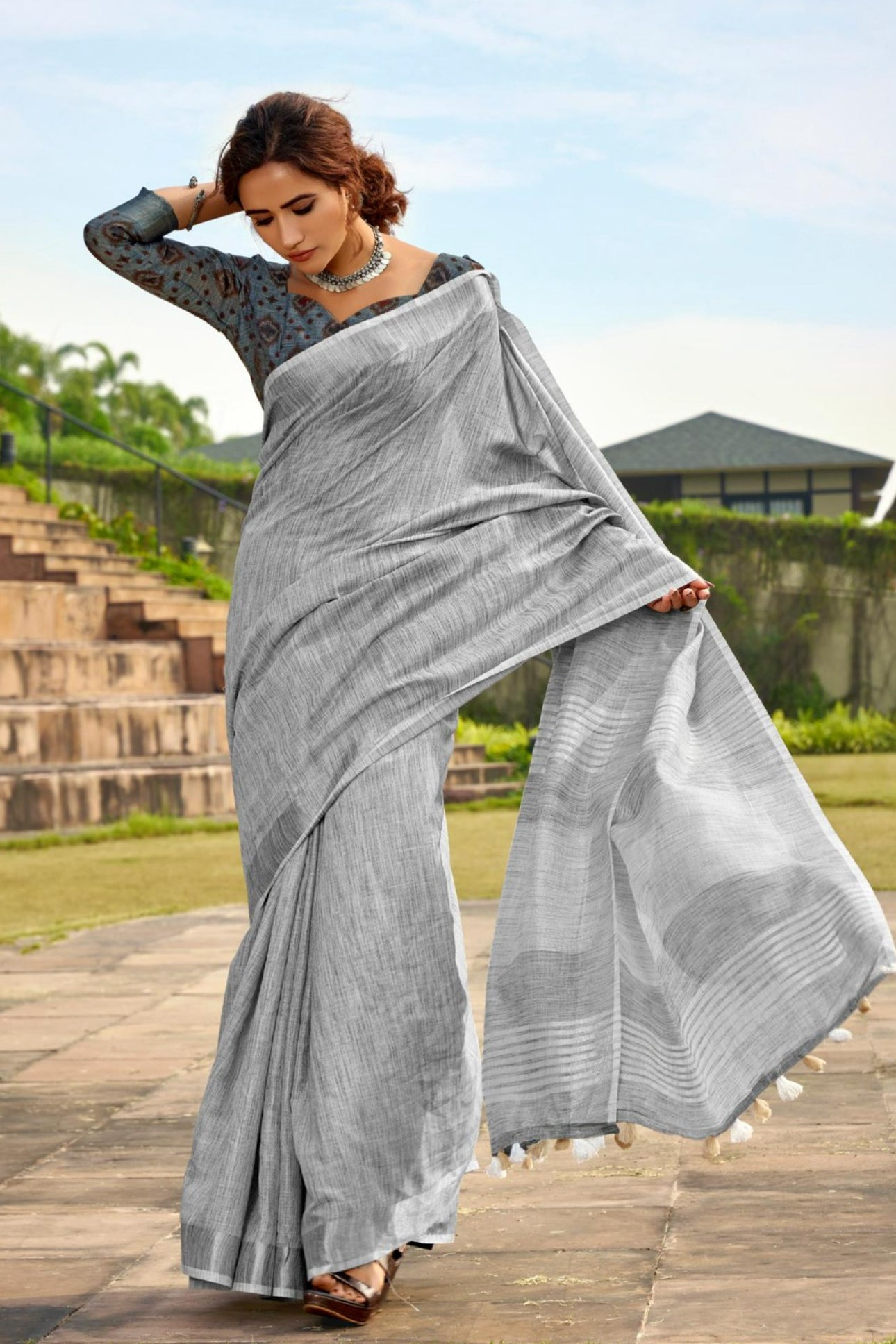 Silver Gray casual Linen Saree RP2￼