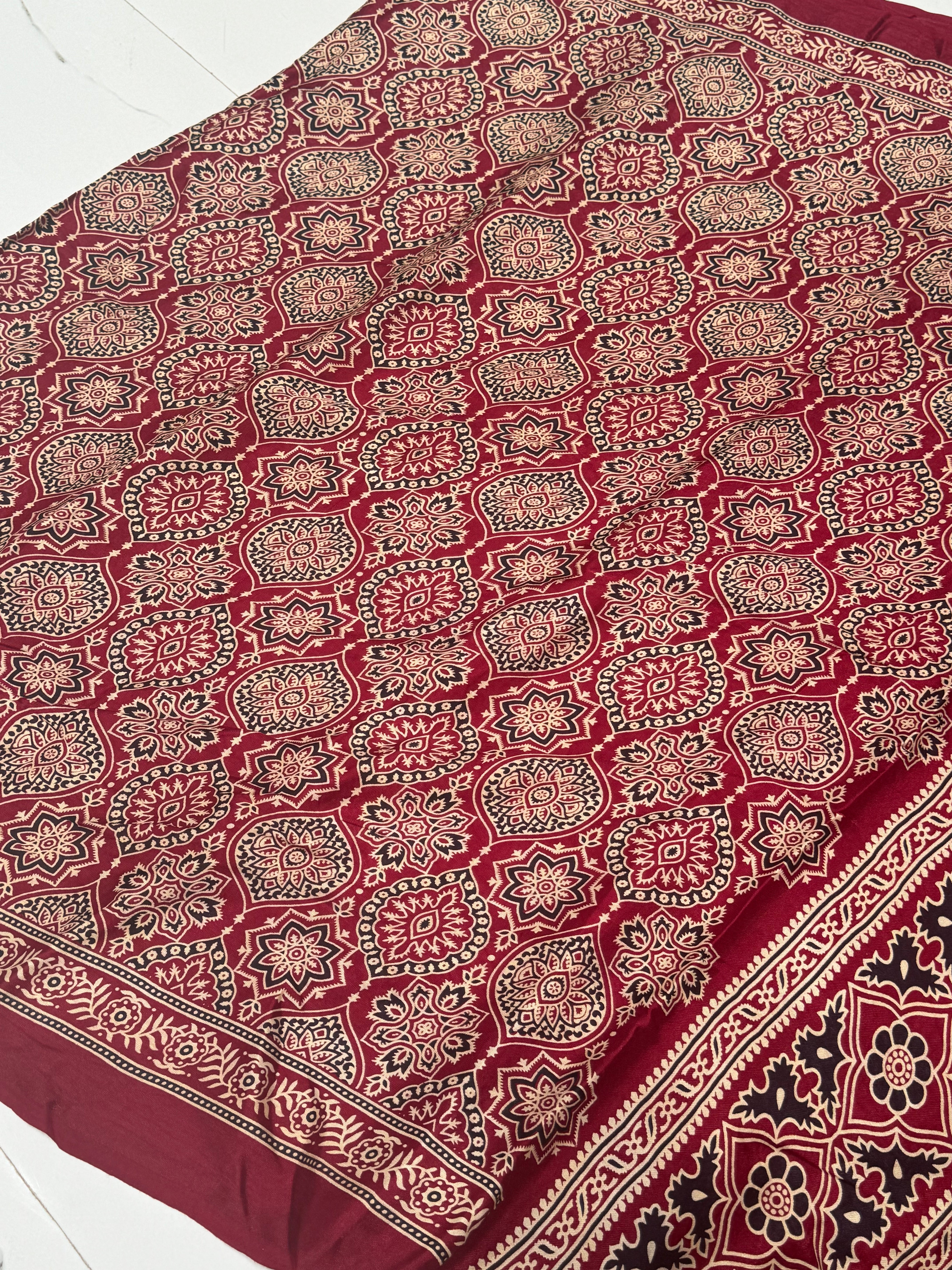 Maroon Ajrakh Hand Block Modal Silk Saree With Fancy Ajrakh Pallu