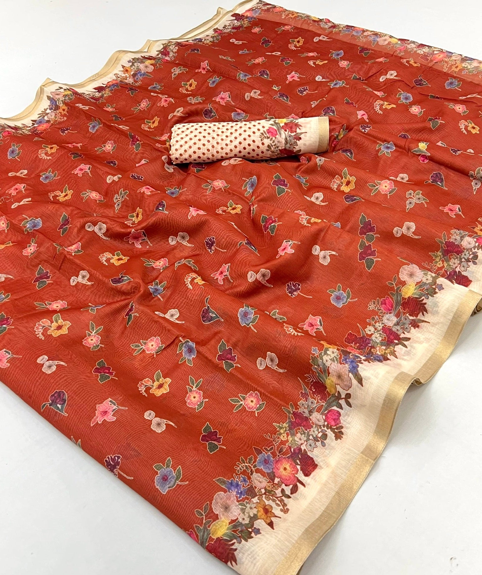 Diaphanous Orange Printed Tussar Silk Saree
