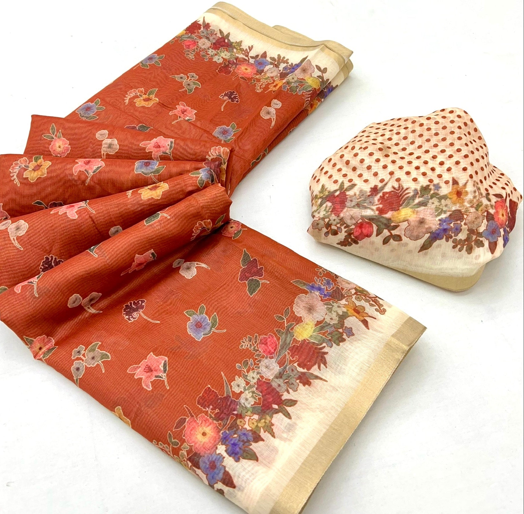 Diaphanous Orange Printed Tussar Silk Saree