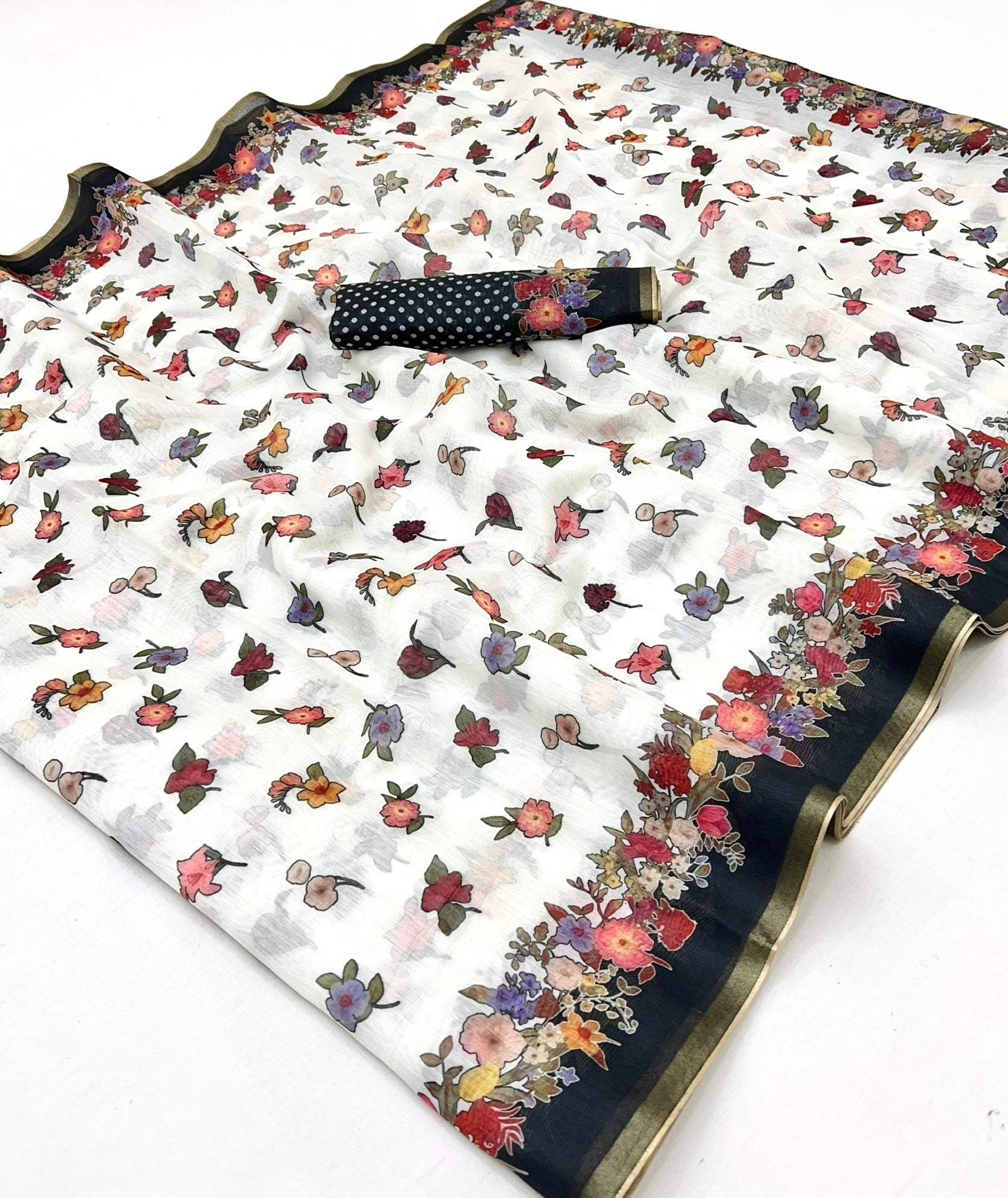 Moiety White Printed Tussar Silk Saree