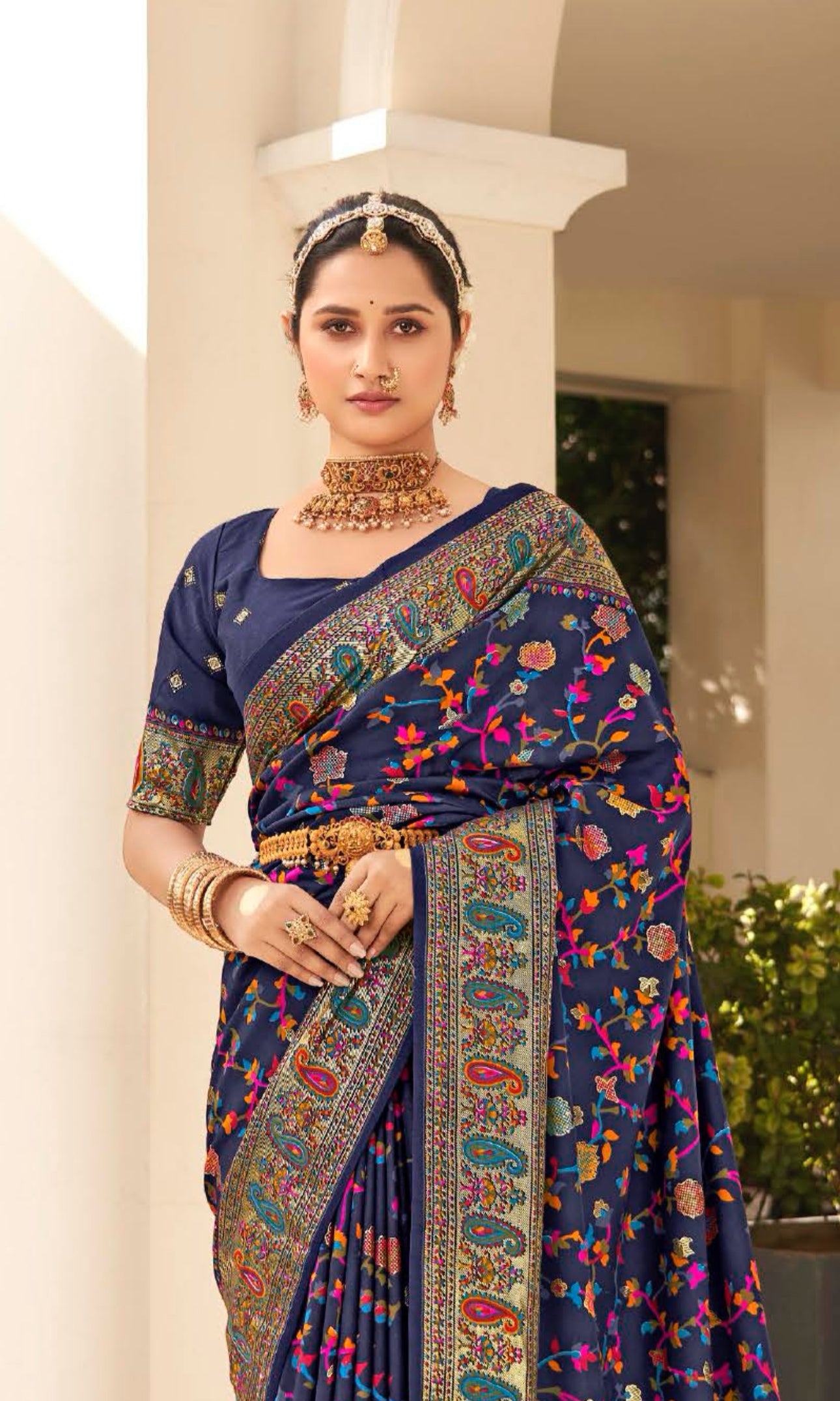 Navy blue Pashmina Printed Jamewar Silk Saree