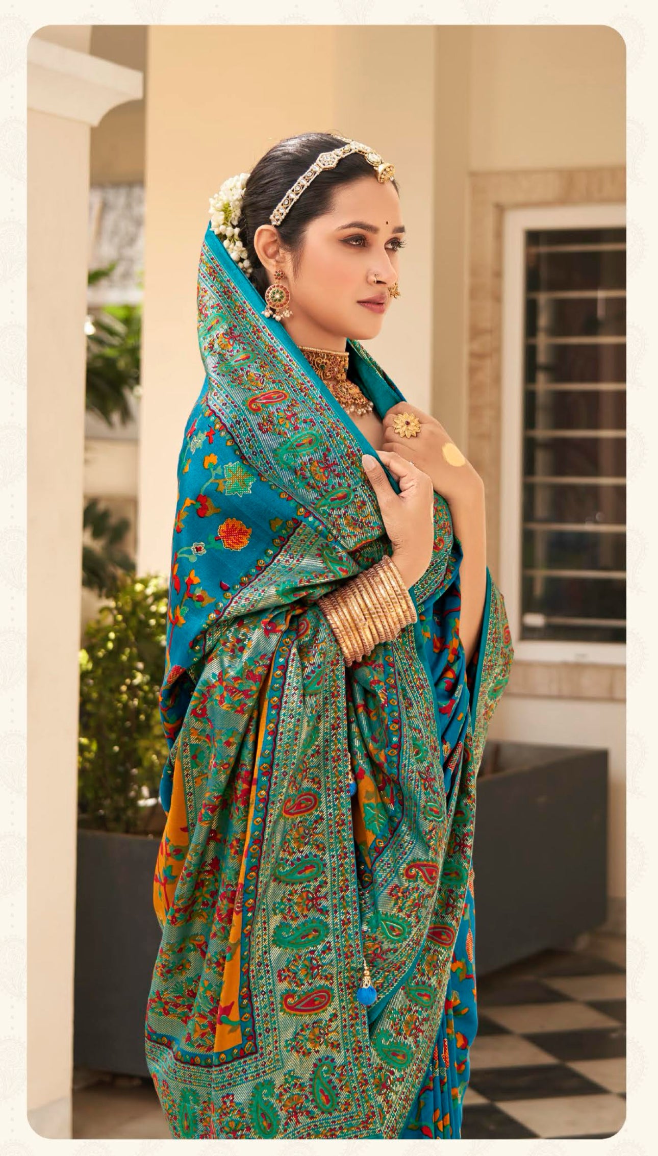 Cerulean Blue Pashmina Printed Jamewar Silk Saree