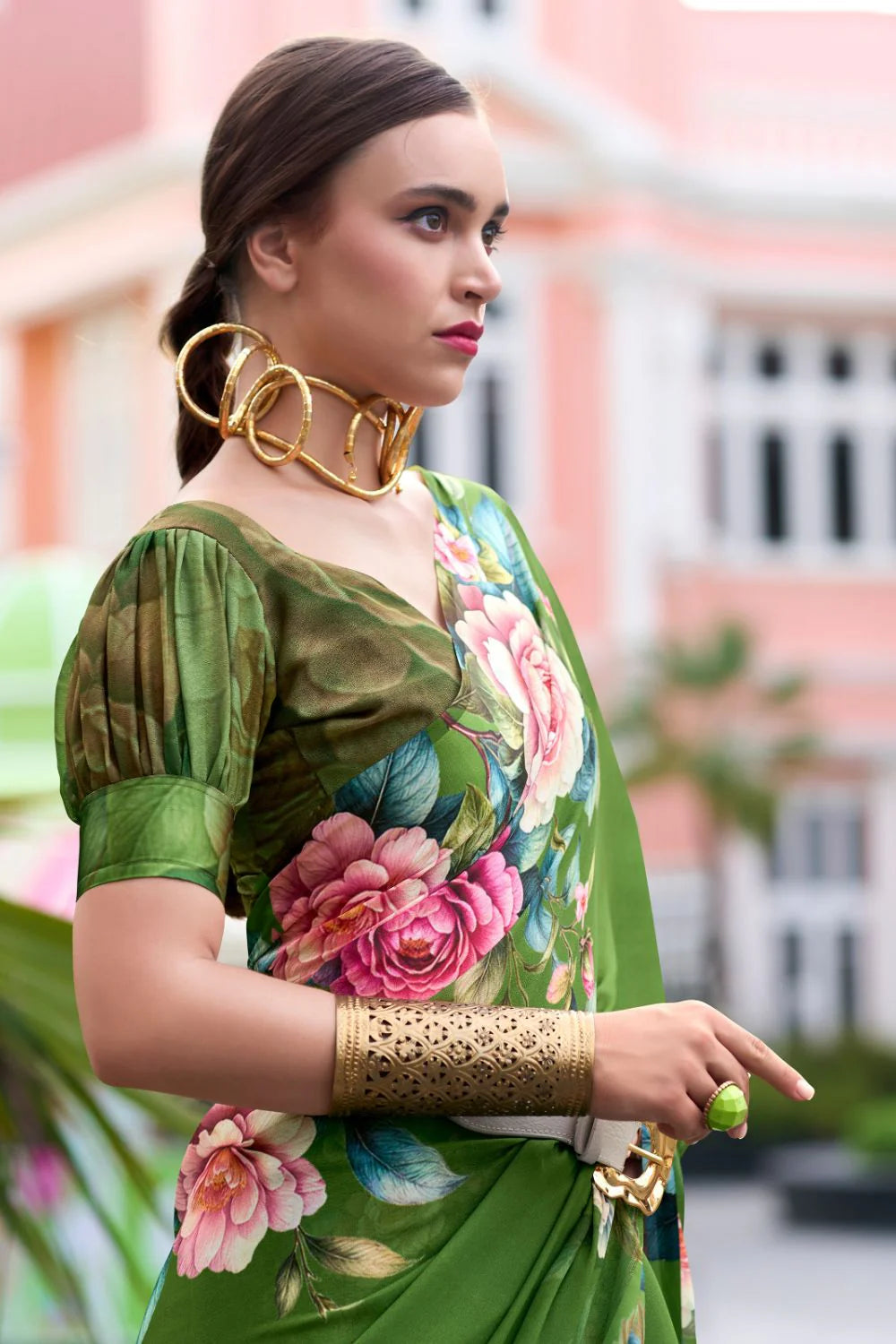 Alluring Light Green Floral Pure Georgette Saree