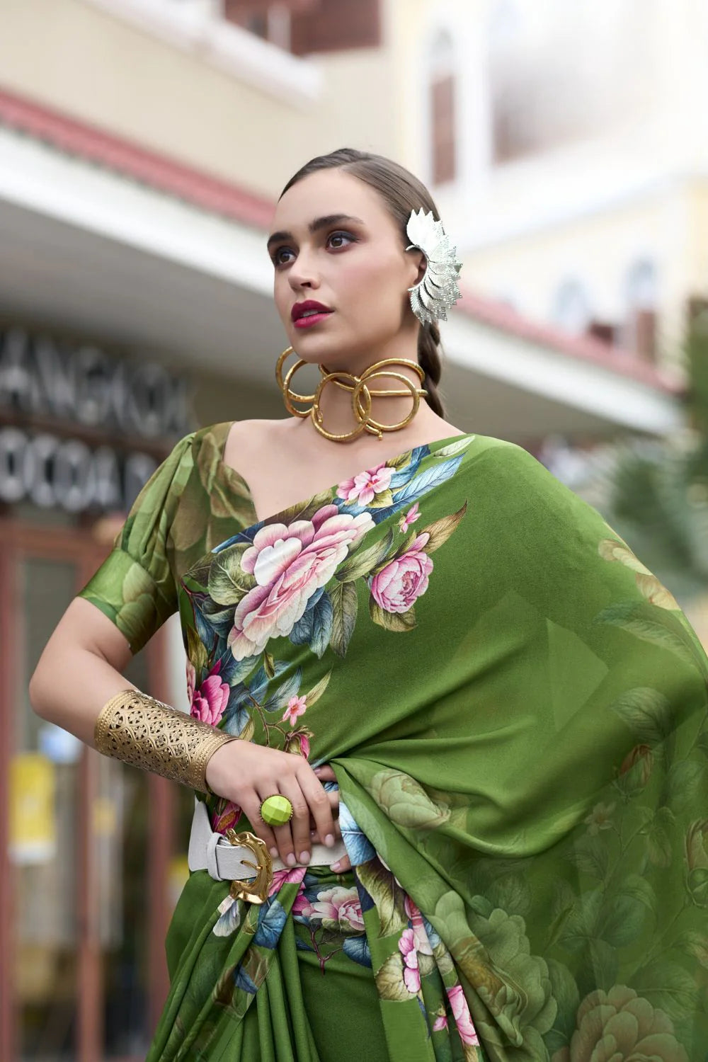 Alluring Light Green Floral Pure Georgette Saree