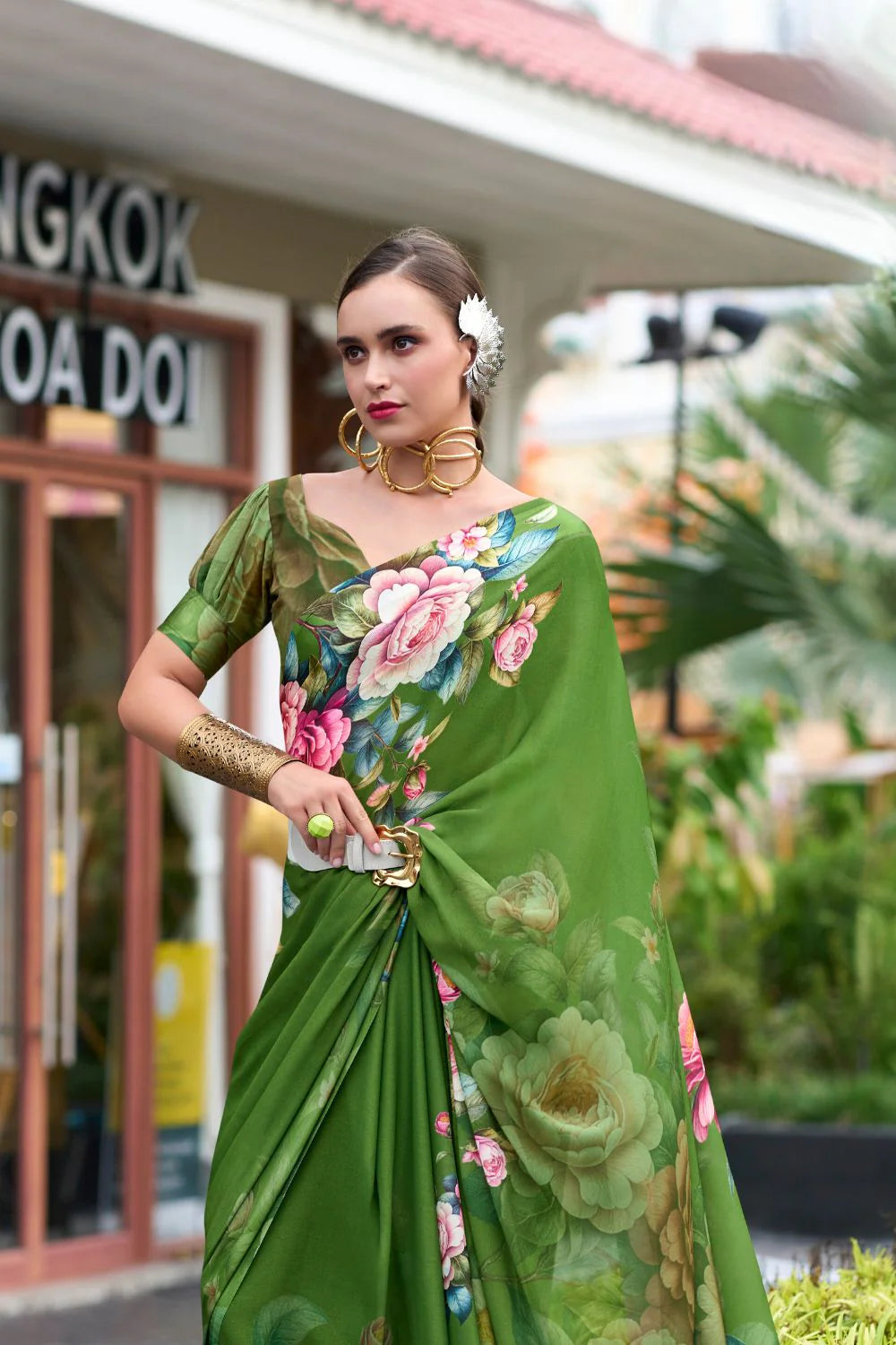 Alluring Light Green Floral Pure Georgette Saree