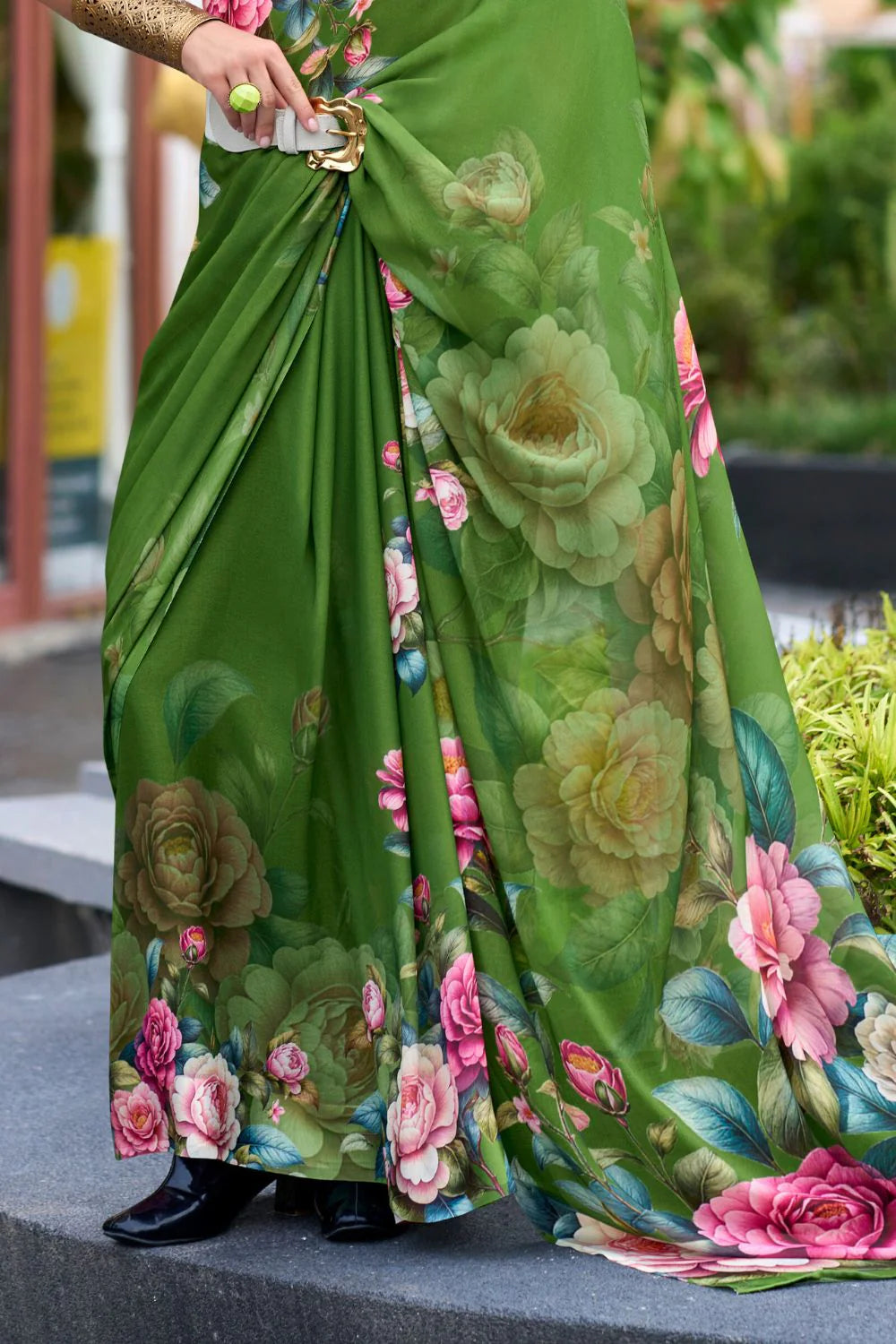 Alluring Light Green Floral Pure Georgette Saree