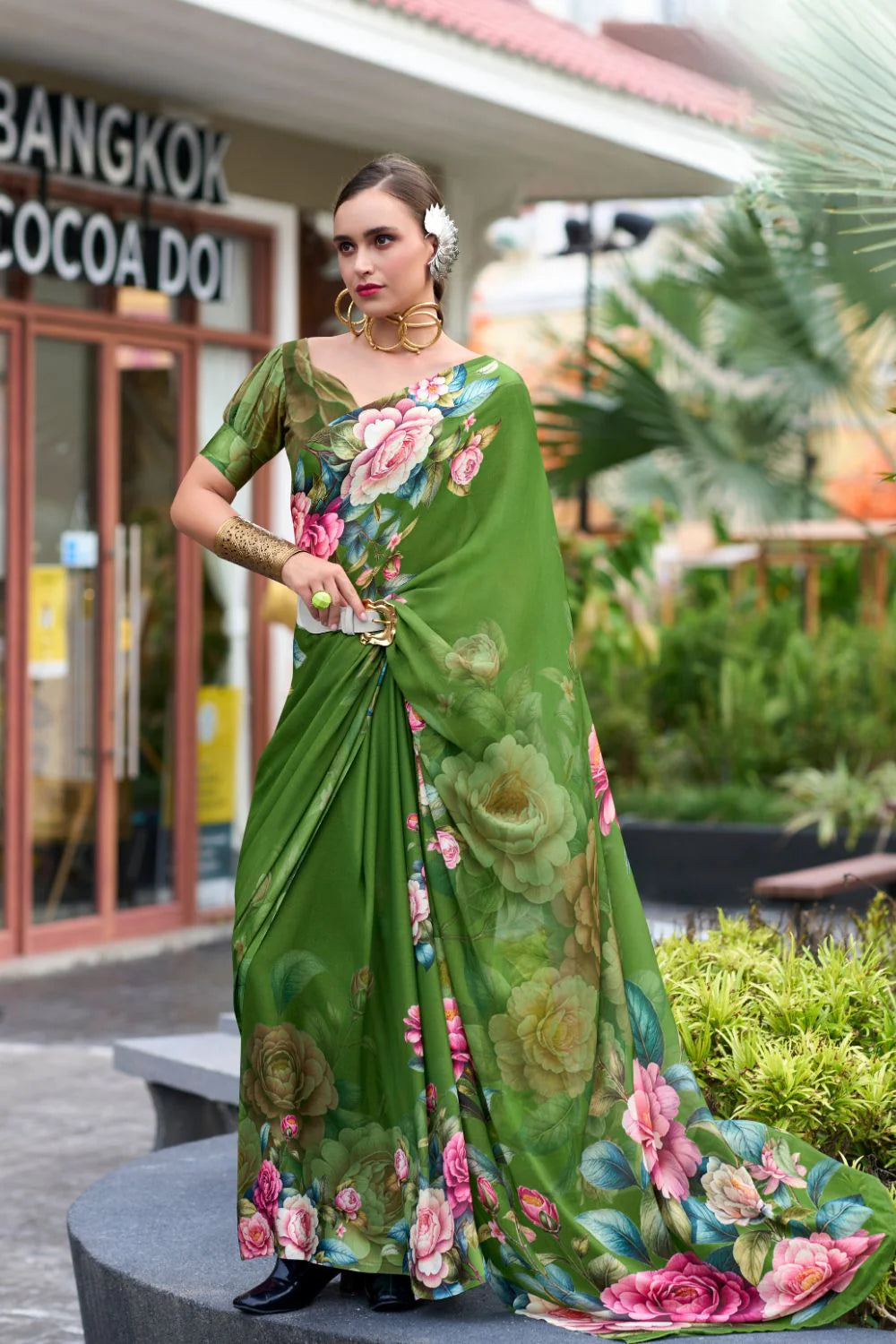 Alluring Light Green Floral Pure Georgette Saree