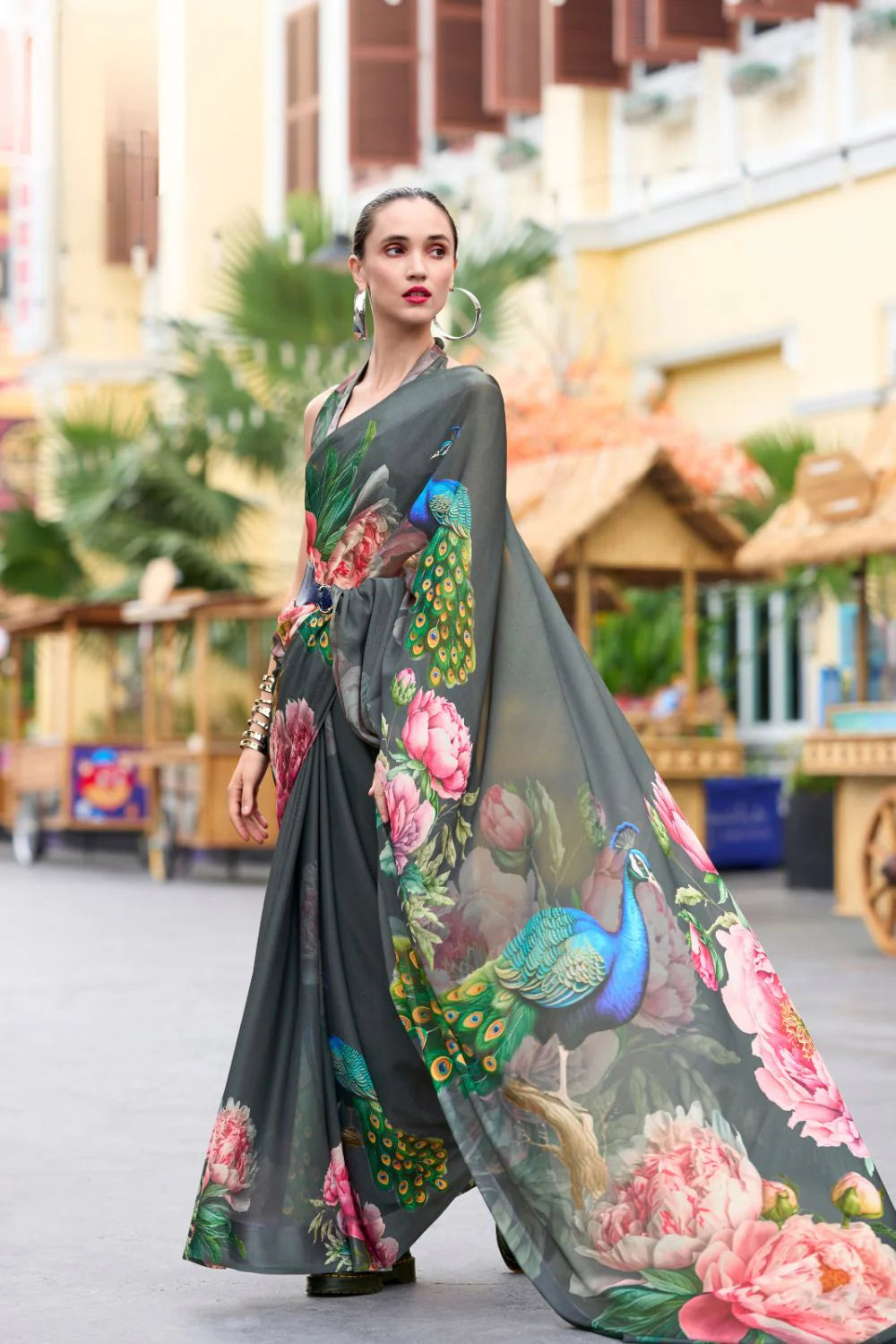 Classy Grey Floral Pure Georgette Saree