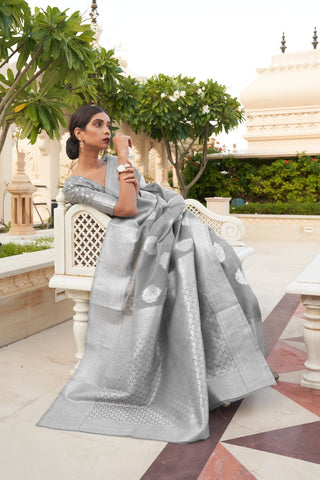 Dark Grey Linen Tissue Silk Saree