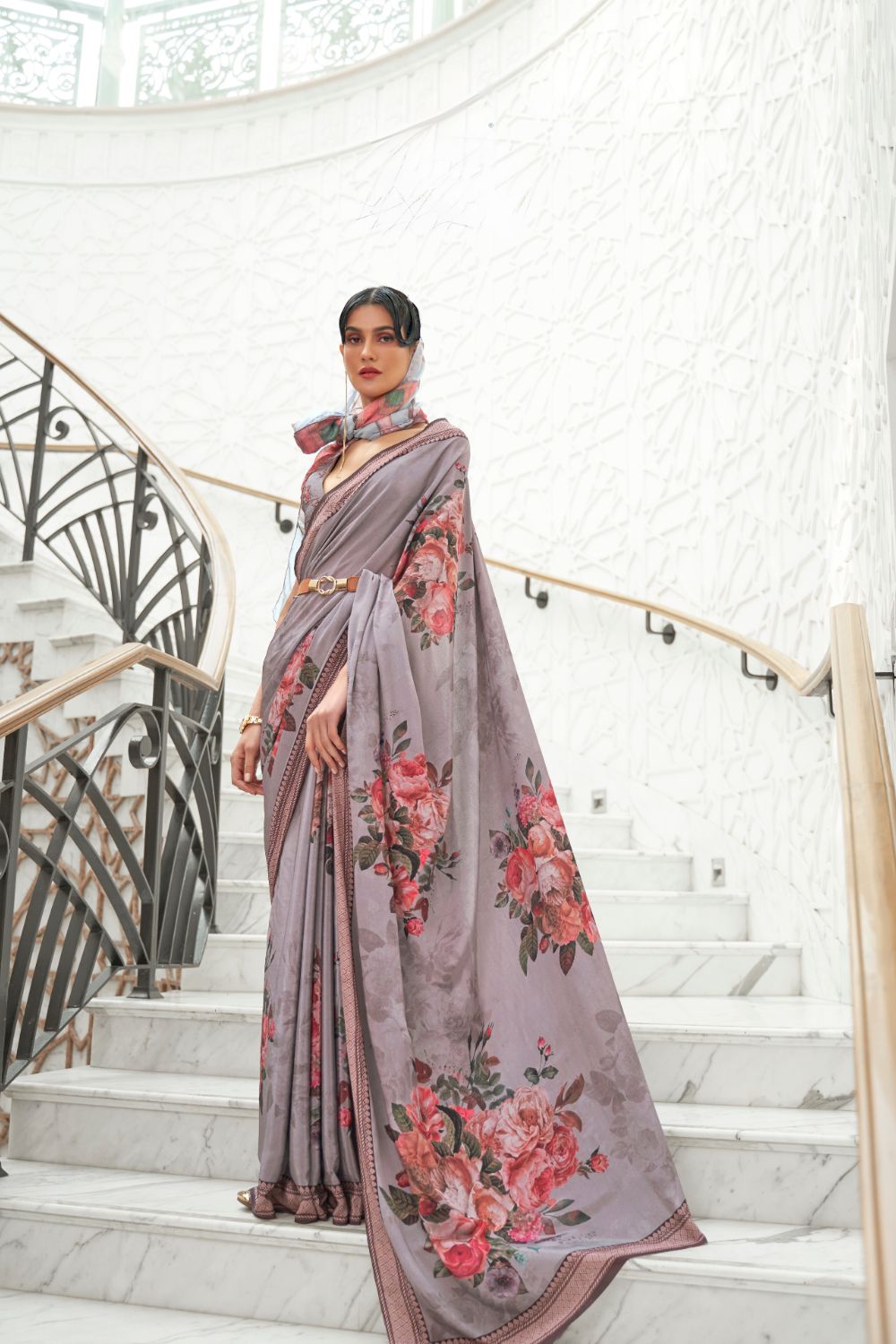 Grey Digital Printed Crepe Silk Saree