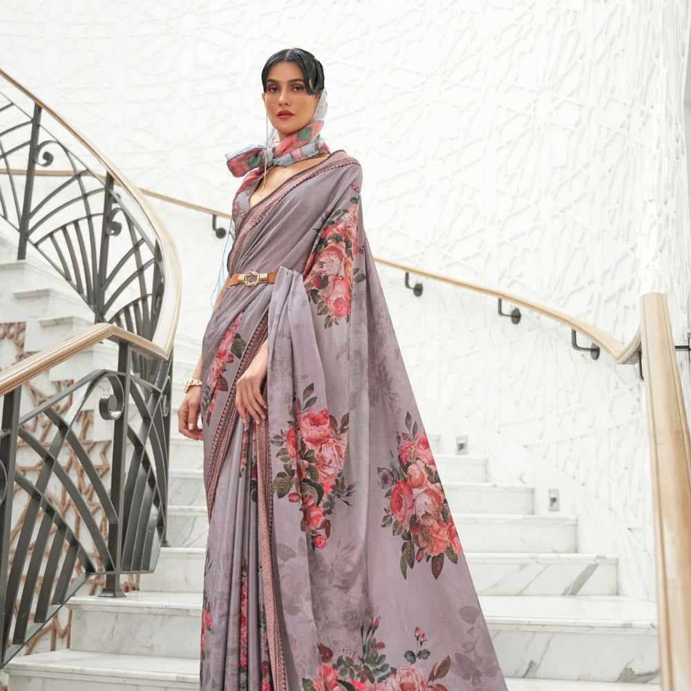 Grey Digital Printed Crepe Silk Saree