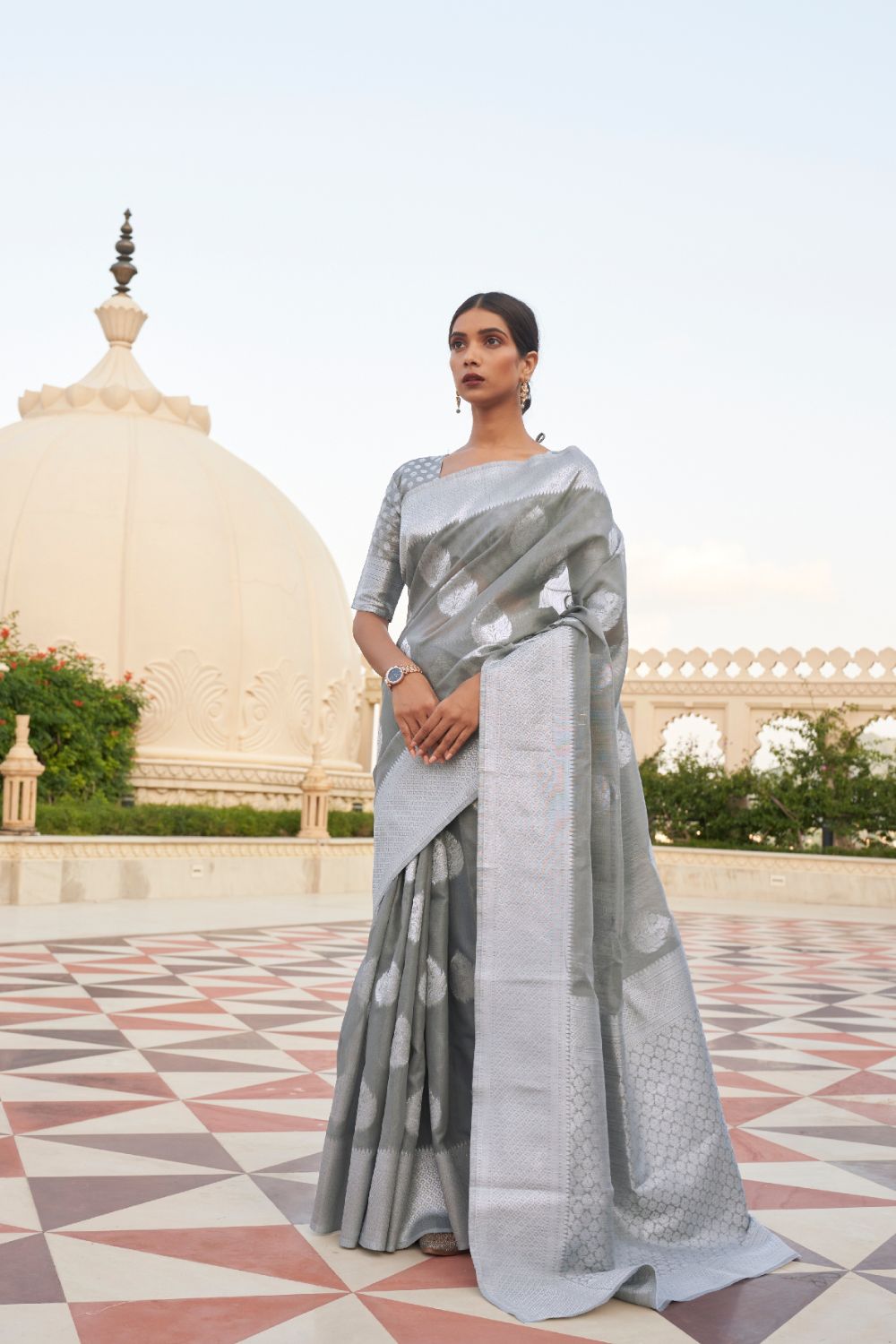 Dark Grey Linen Tissue Silk Saree