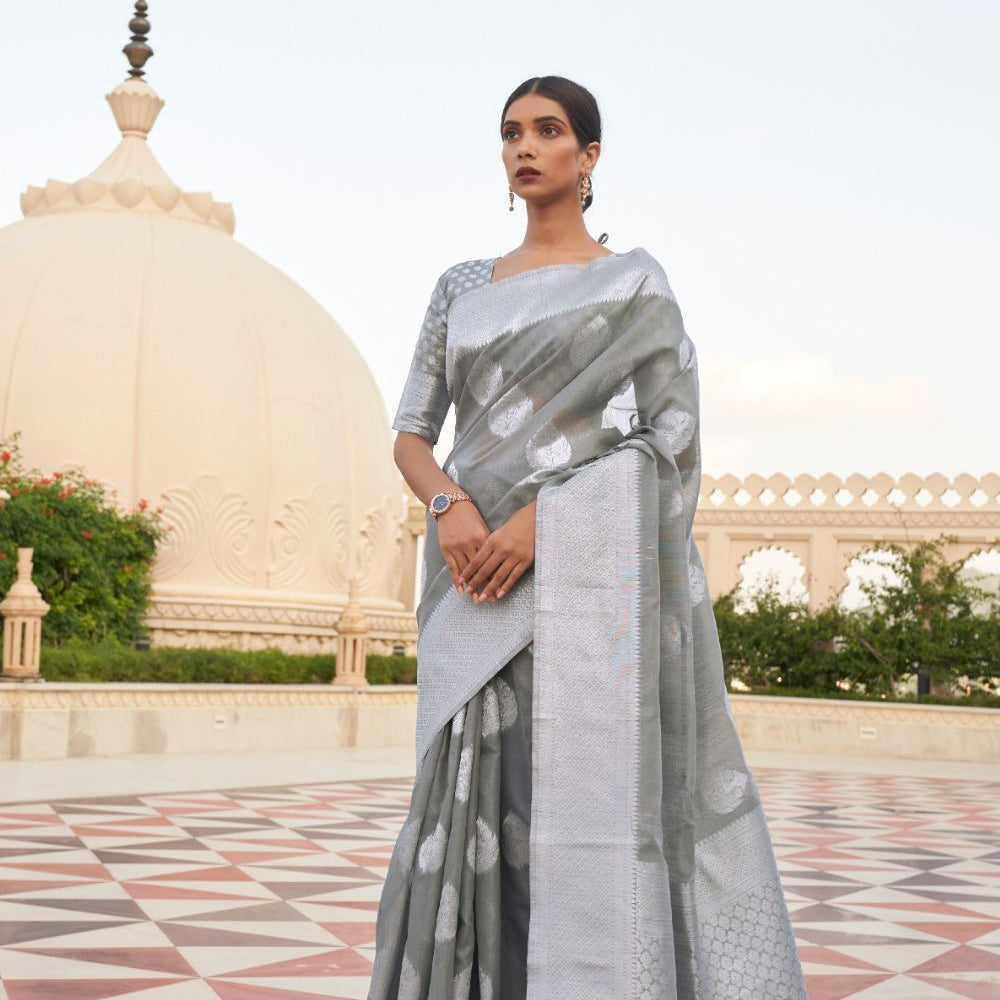 Dark Grey Linen Tissue Silk Saree