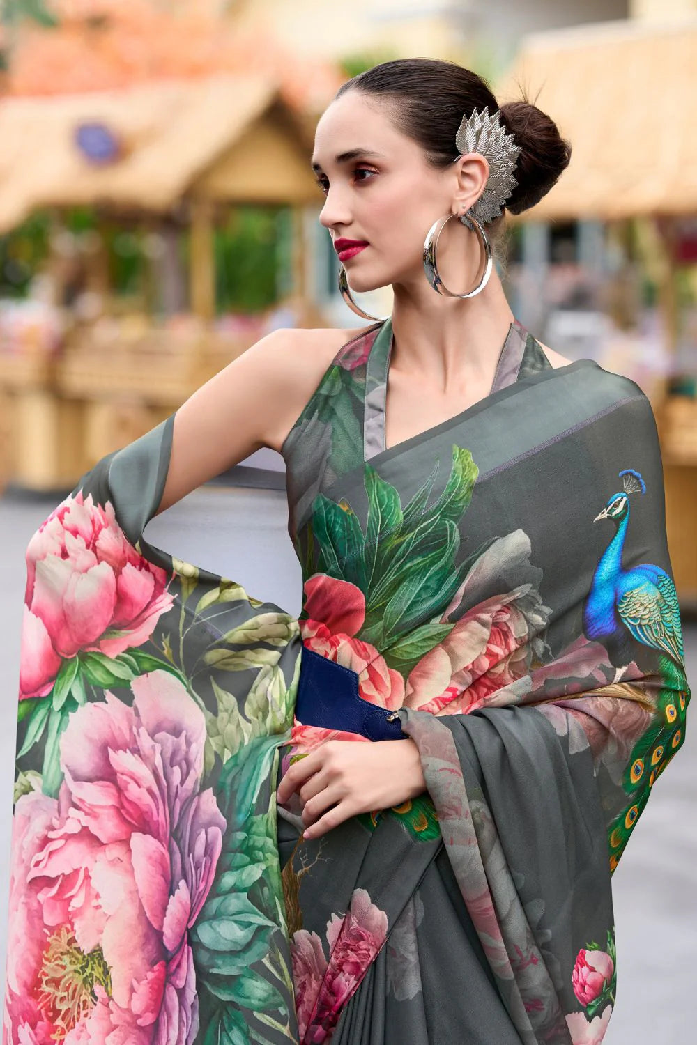 Classy Grey Floral Pure Georgette Saree