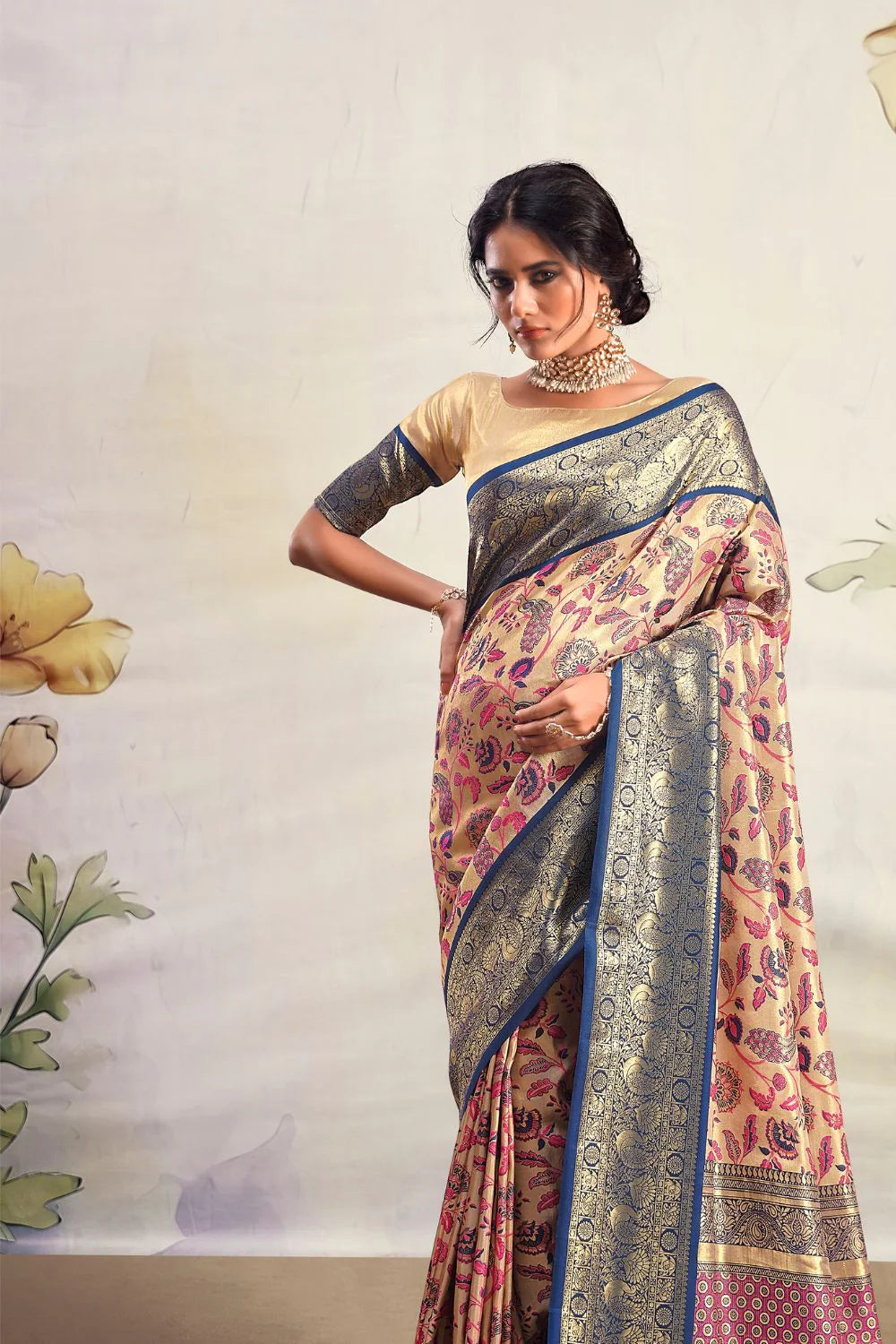 Modern Cream & Blue Pure Silk Saree