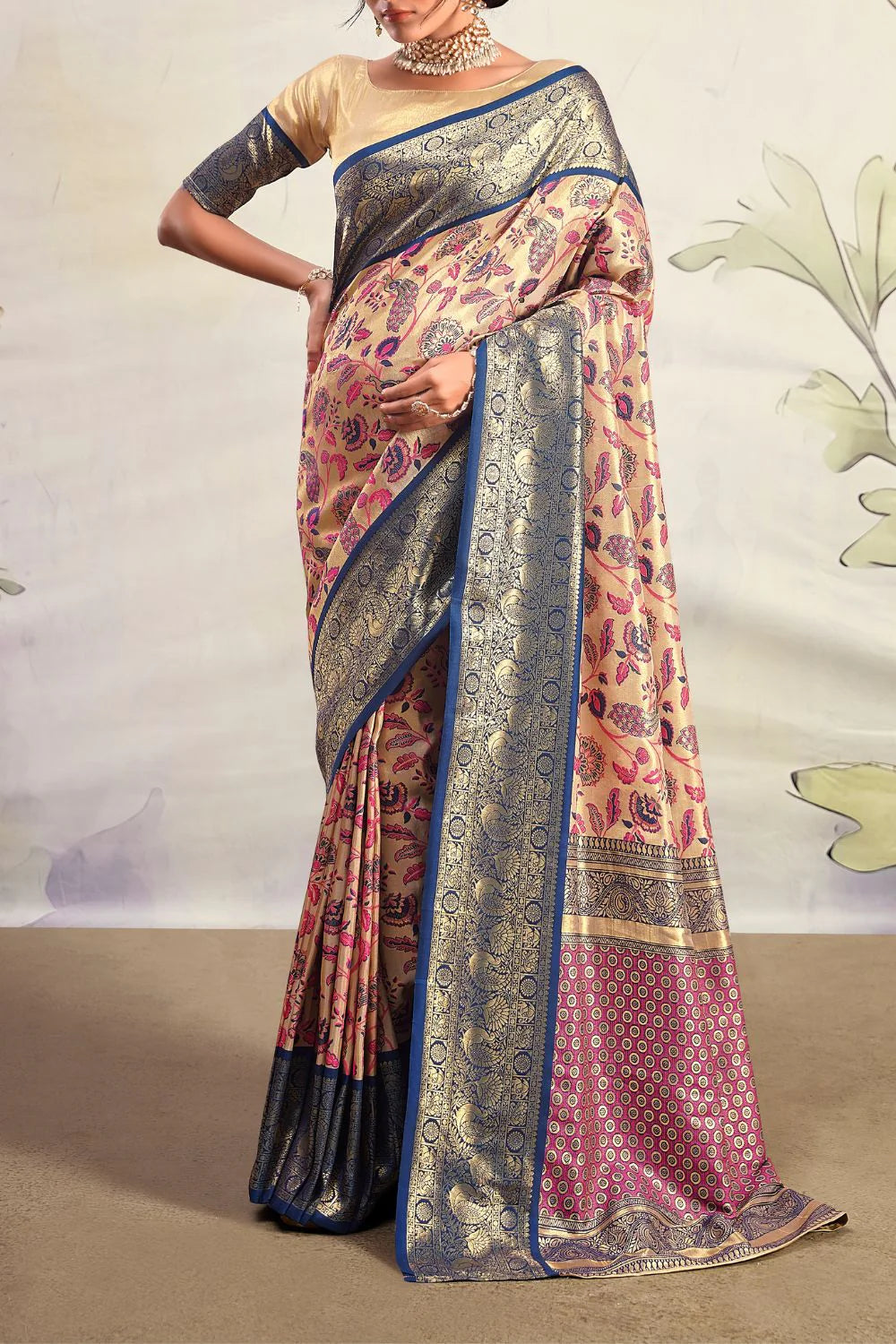 Modern Cream & Blue Pure Silk Saree