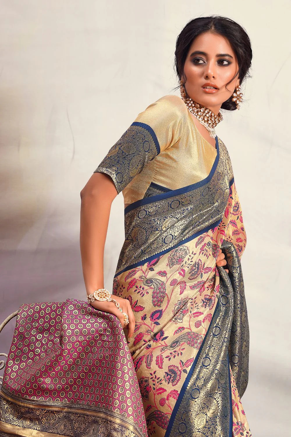 Modern Cream & Blue Pure Silk Saree