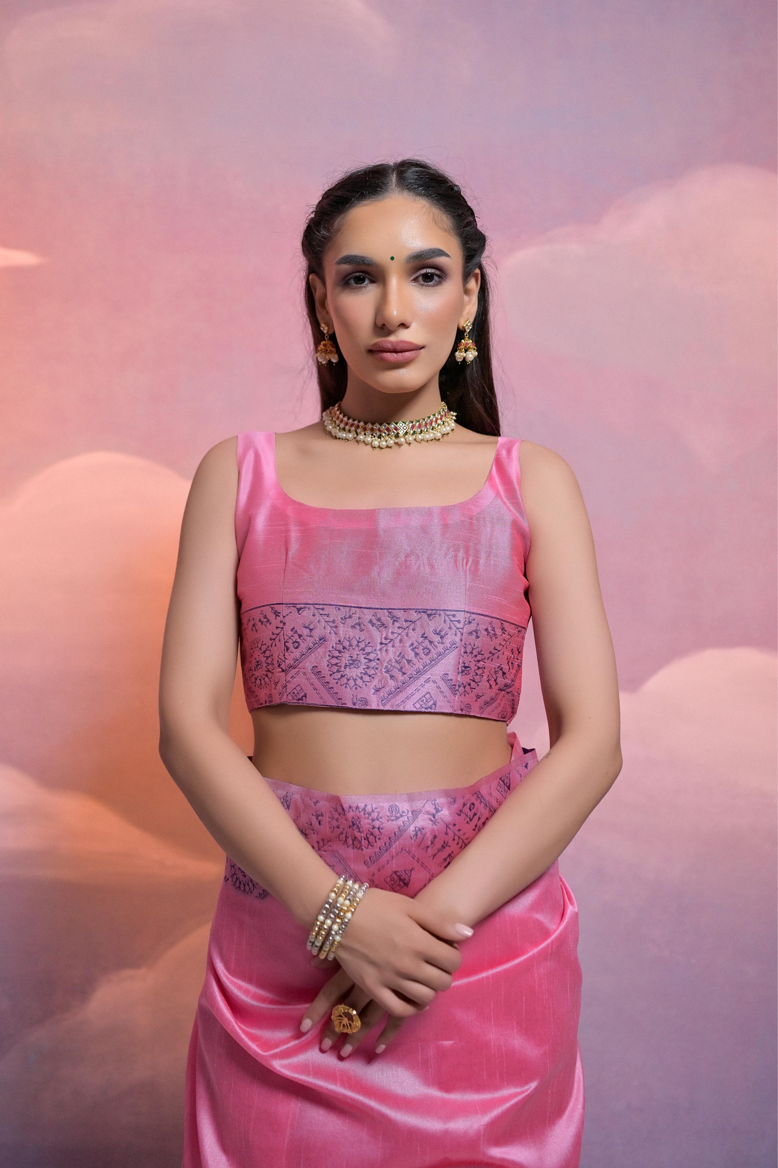 Shimmer Pink Handloom Woven Raw Silk Saree With Blouse Piece With Fancy Tassels