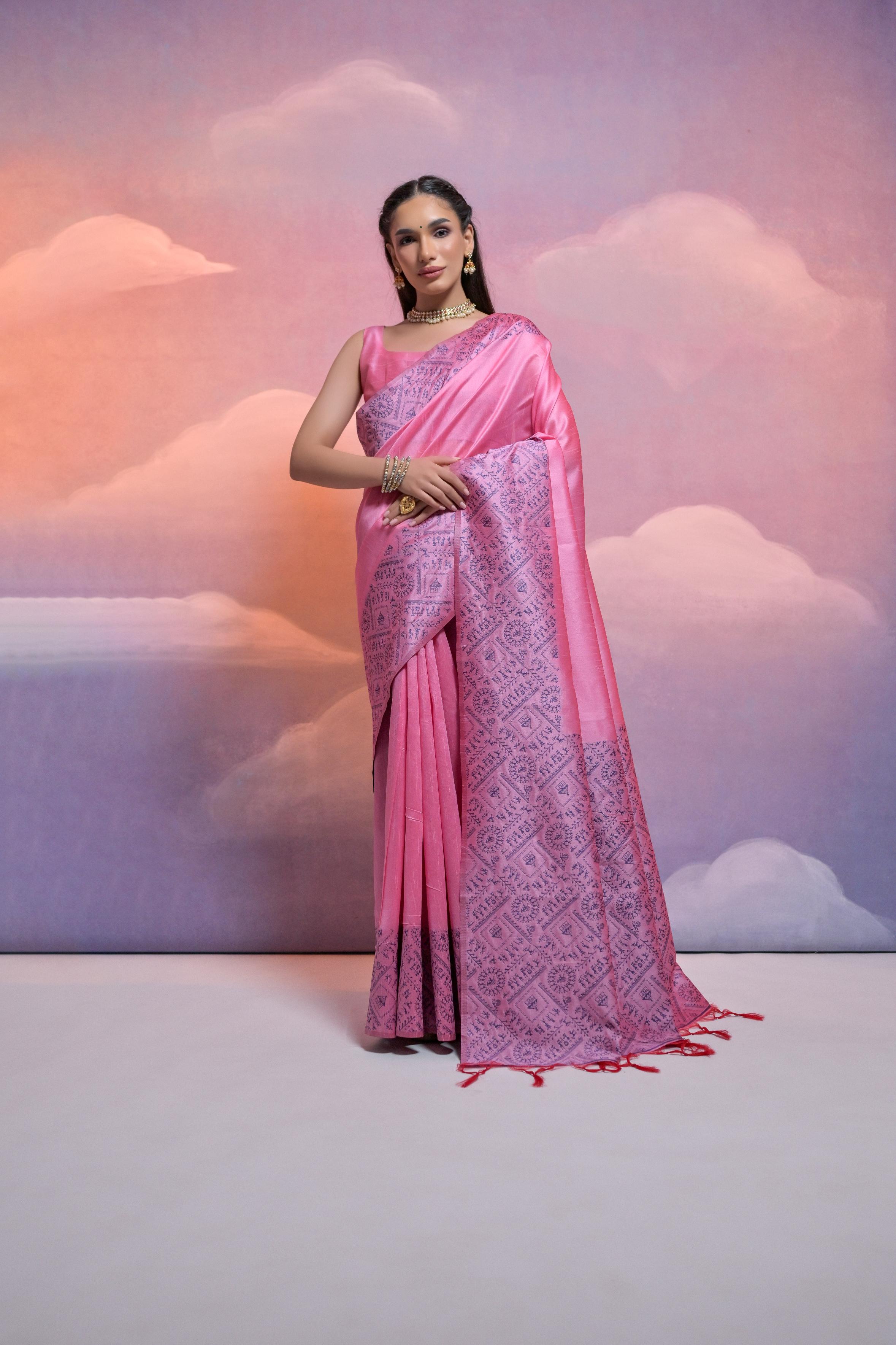 Shimmer Pink Handloom Woven Raw Silk Saree With Blouse Piece With Fancy Tassels