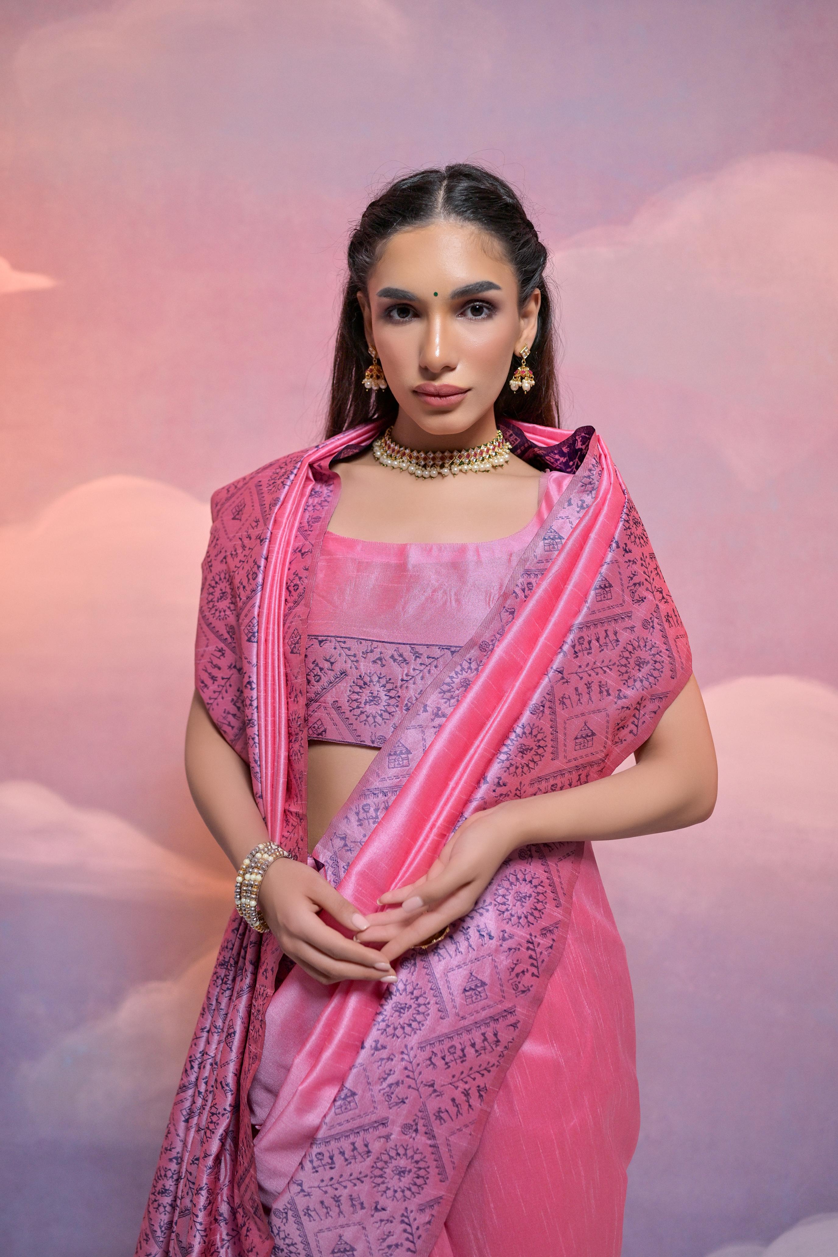 Shimmer Pink Handloom Woven Raw Silk Saree With Blouse Piece With Fancy Tassels