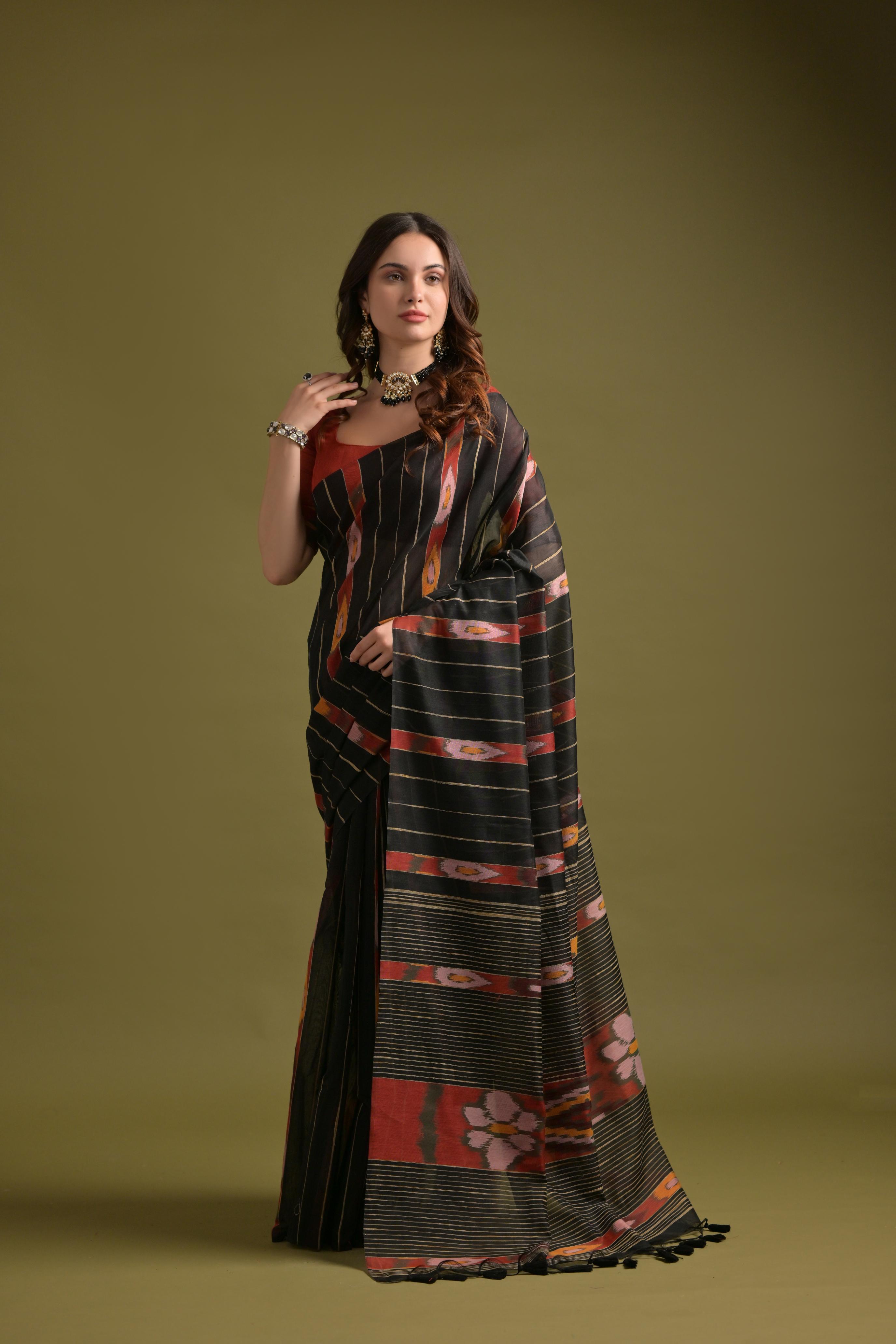 Crease Black Soft Ikkat Cotton Woven Saree