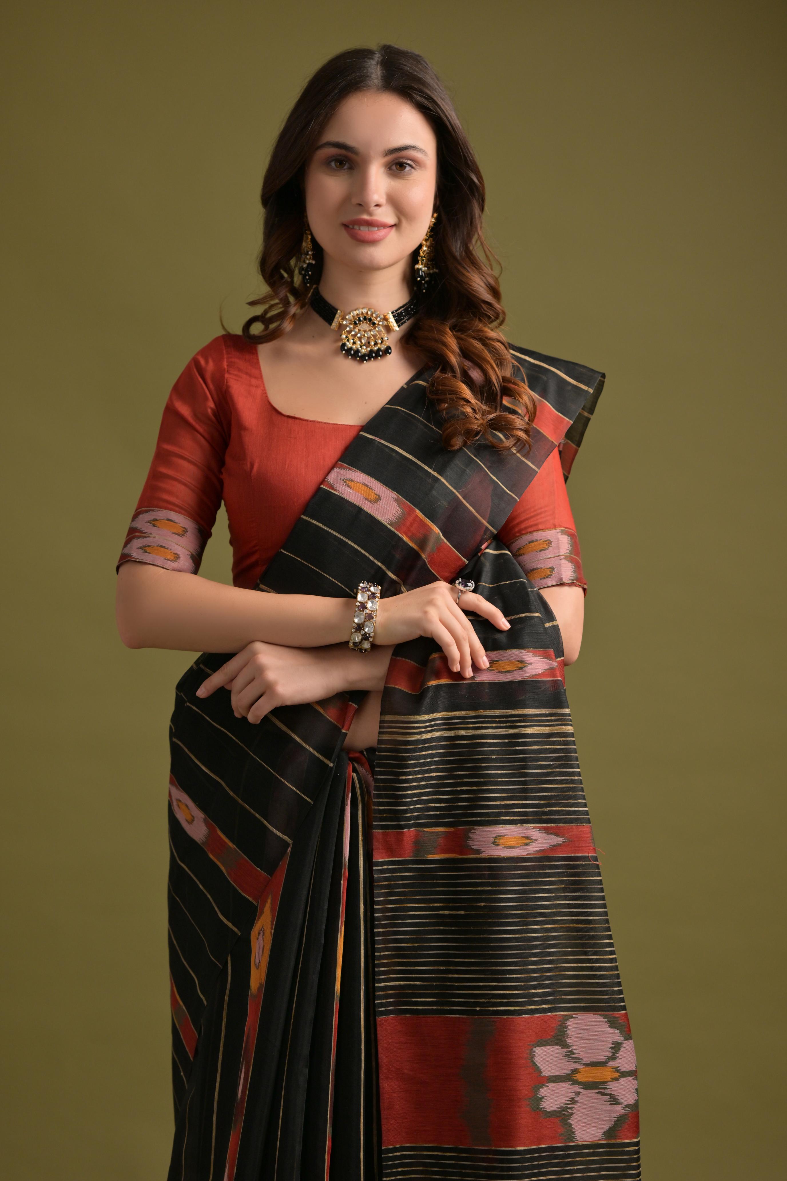 Crease Black Soft Ikkat Cotton Woven Saree