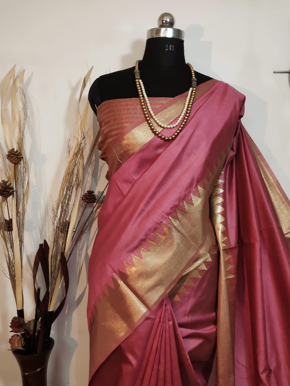 Punch Pink Woven Moss Chiffon Handloom Weaving Silk Saree