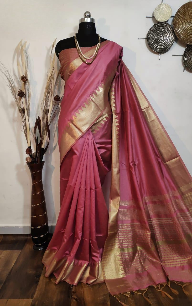 Punch Pink Woven Moss Chiffon Handloom Weaving Silk Saree