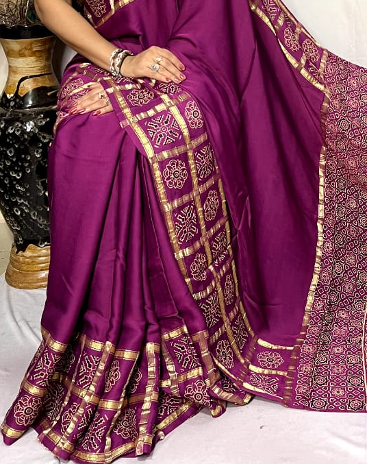 Hot Pink Hand Block Ajrakh Saree in Pure Modal Silk with Gharchola Border and Zari Detailing