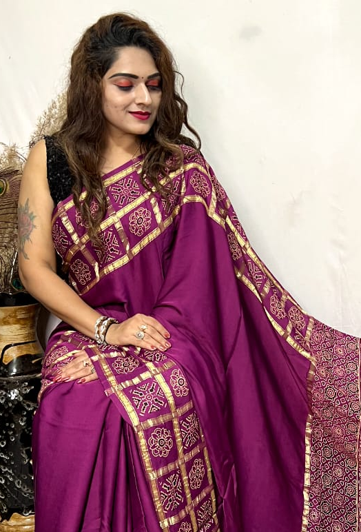 Hot Pink Hand Block Ajrakh Saree in Pure Modal Silk with Gharchola Border and Zari Detailing