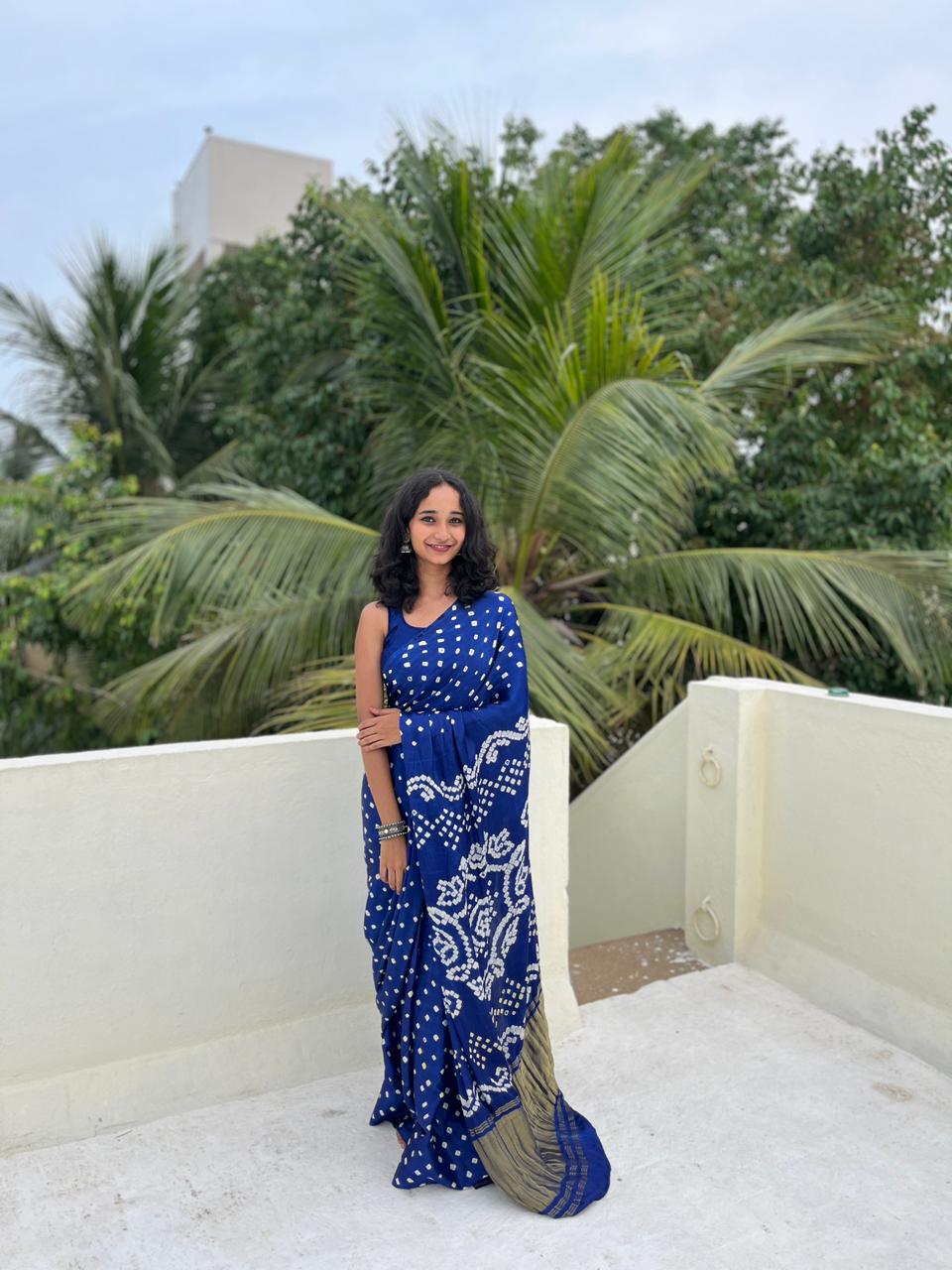 Blue Pure Bandhni Zari Pallu Modal Silk Saree