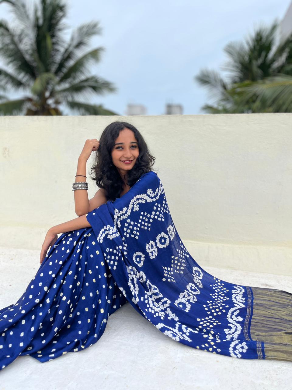 Blue Pure Bandhni Zari Pallu Modal Silk Saree