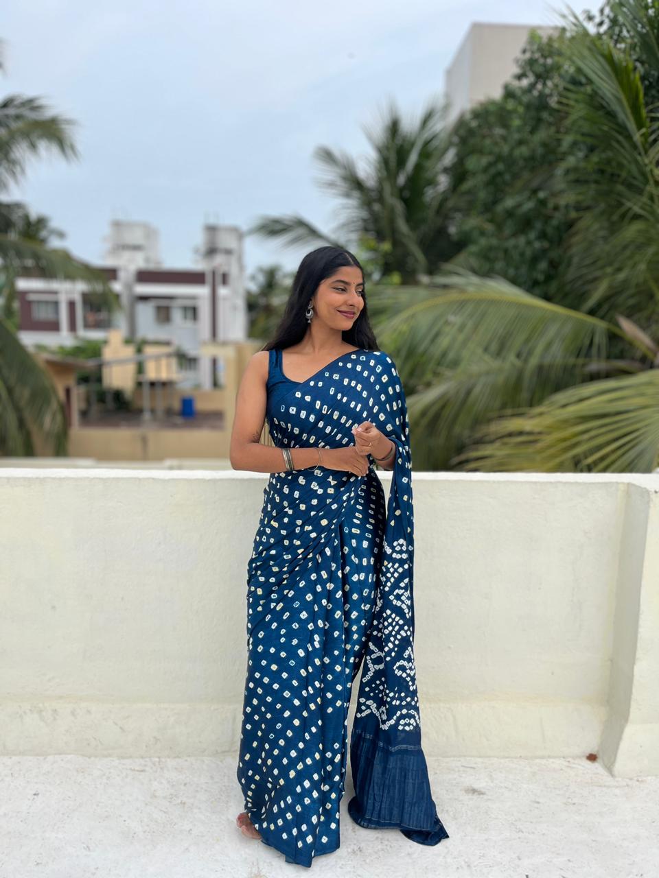 Morpich Pure Bandhni Zari Pallu Modal Silk Saree