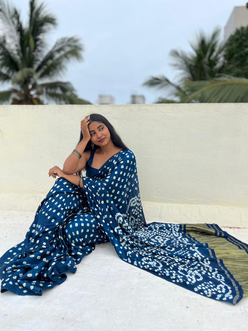 Morpich Pure Bandhni Zari Pallu Modal Silk Saree