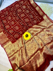 Redis Maroon Bandhani Patola Zari Woven Kanjiwaram Pallu Silk Saree
