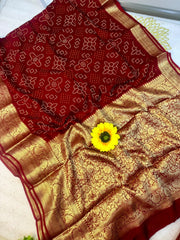 Redis Maroon Bandhani Zari Woven Kanjiwaram Pallu Silk Saree